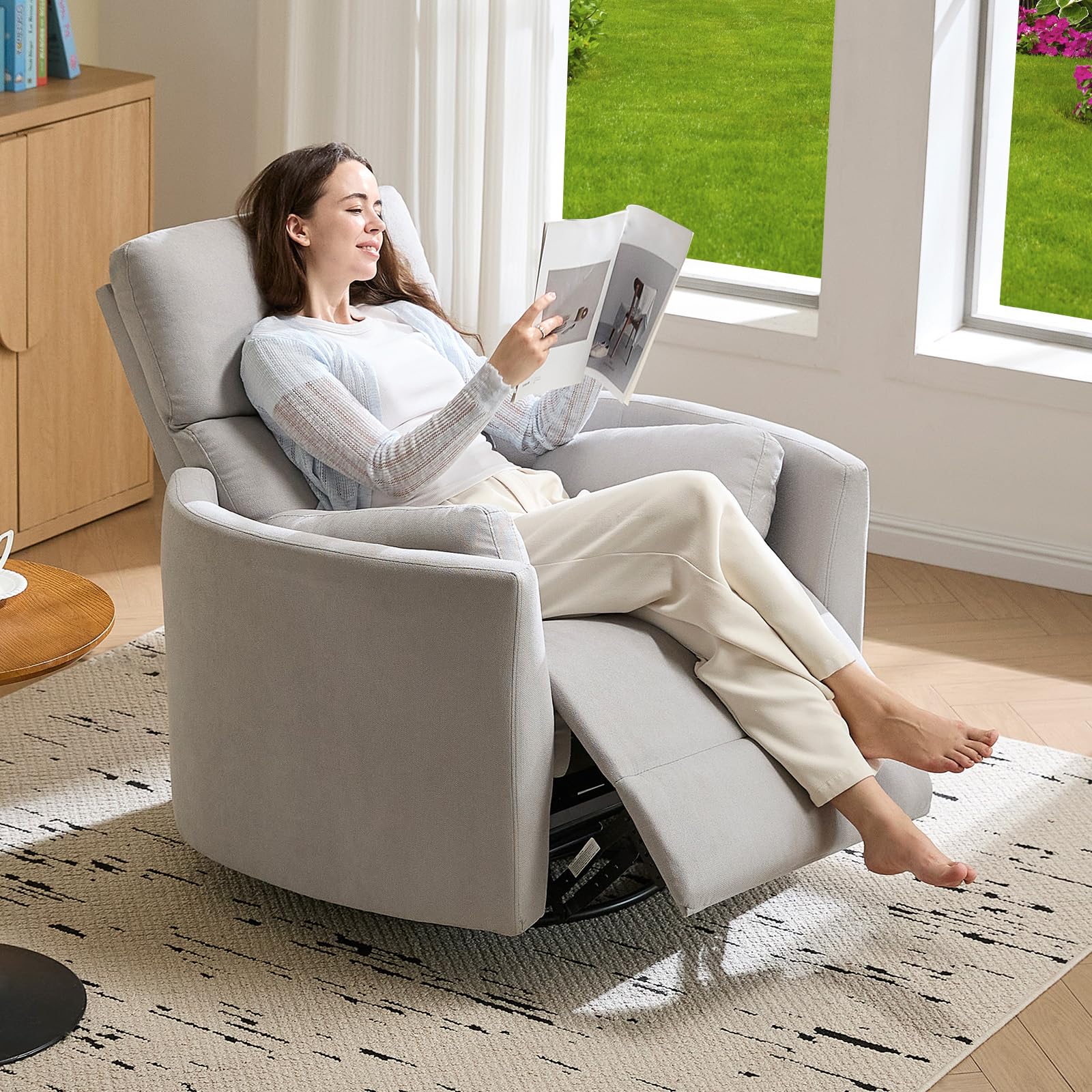 Jocisland Power Recliner Nursery Chair for Adults, Electric Swivel Rocking Glider with USB & Type-C, Soft Fabric Armchair with 2 Pillows, Cozy Reclining Sofa for Living Room, Bedroom, Light Grey