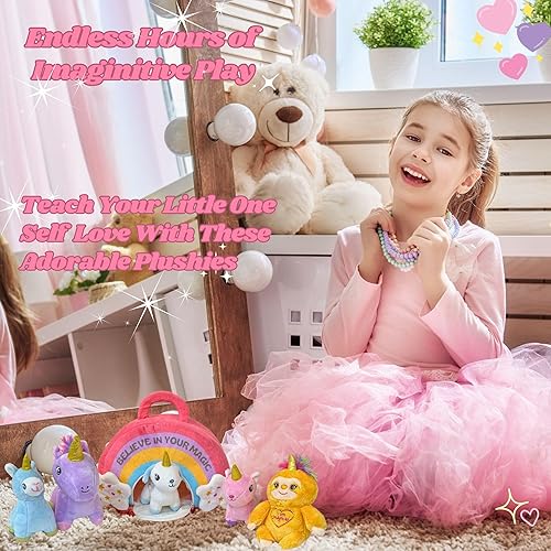 Miniatura 4 de Juego de animales de peluche de unicornio con bolsa de arco iris, con afirmaciones mágicas de amor propio y empoderamiento. Suave y afelpado, regalo