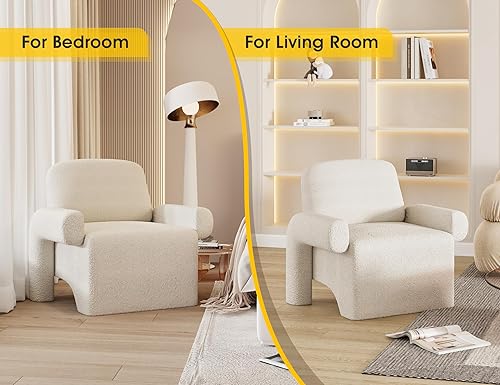 Miniatura 4 de Silla decorativa moderna de sherpa, sofá individual tapizado mullido con reposabrazos redondos, acogedora silla auxiliar de lectura de peluche para