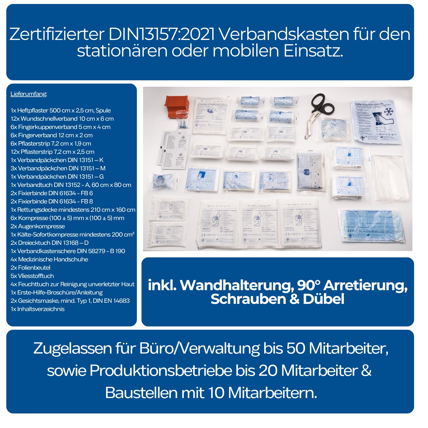 First Aid Products Erste Hilfe Koffer MEDIUM – inkl. DIN 13157:2021 Füllung – orange, ABS-Kunststoff, bruchsicher – Wandhalterung & Schrauben – öffentliche Einrichtungen, Betrieb, Bau & Privat