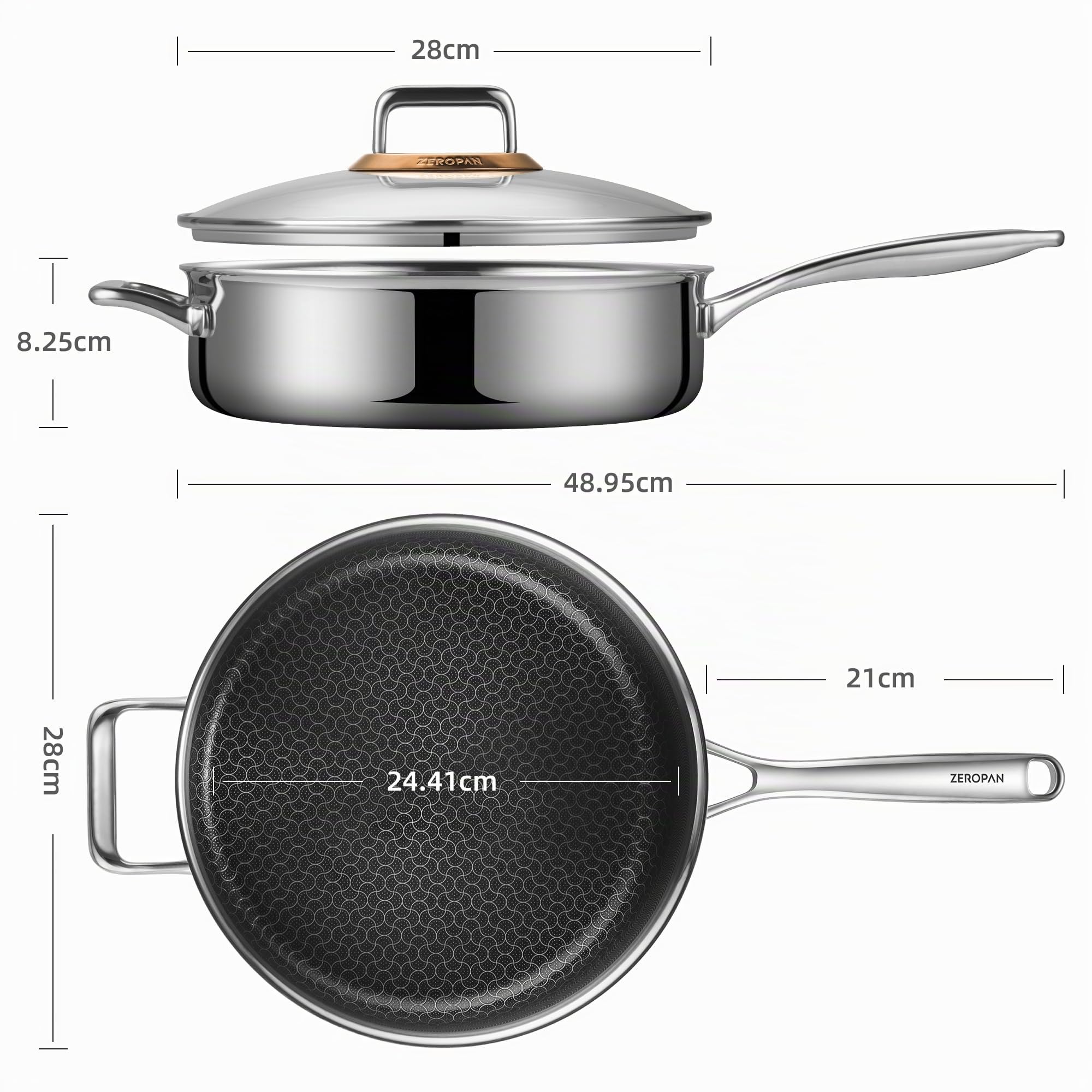 Tiefe Bratpfanne mit Deckel 28cm, Bratpfanne Antihaftbeschichtet, kühl bleibender Griff, spülmaschinenfest, frei von PFAS, PFOA und PTFE, ofenfest bis 260 °C, kompatibel mit allen Herdarten