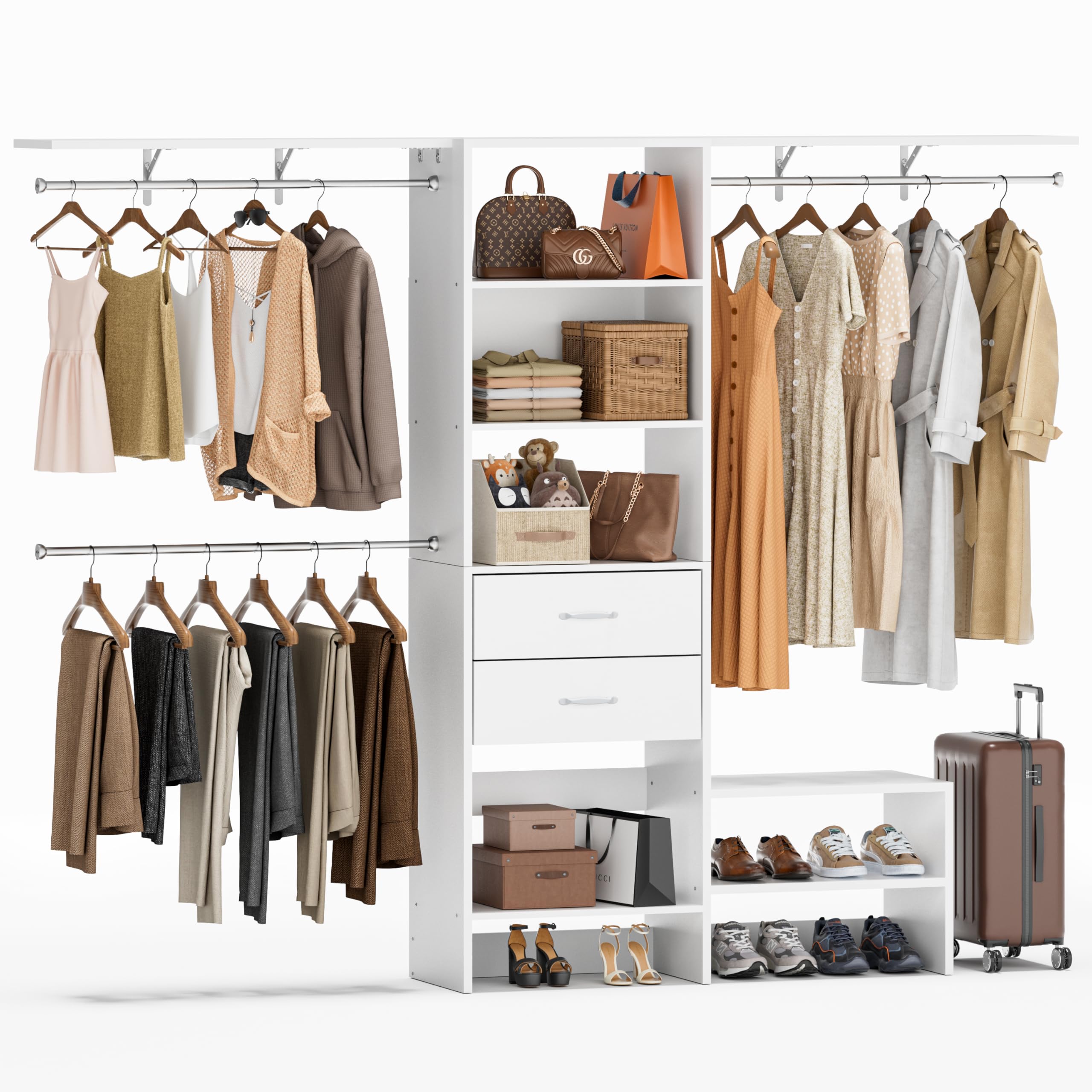 8FT Closet System with 3 Adjustabl Hanging Rods, Walk in Closet Organizer with 2 Drawers and Versatile Storage, Wood Heavy Duty Clothes Rack , Built-In Garment Rack, 96