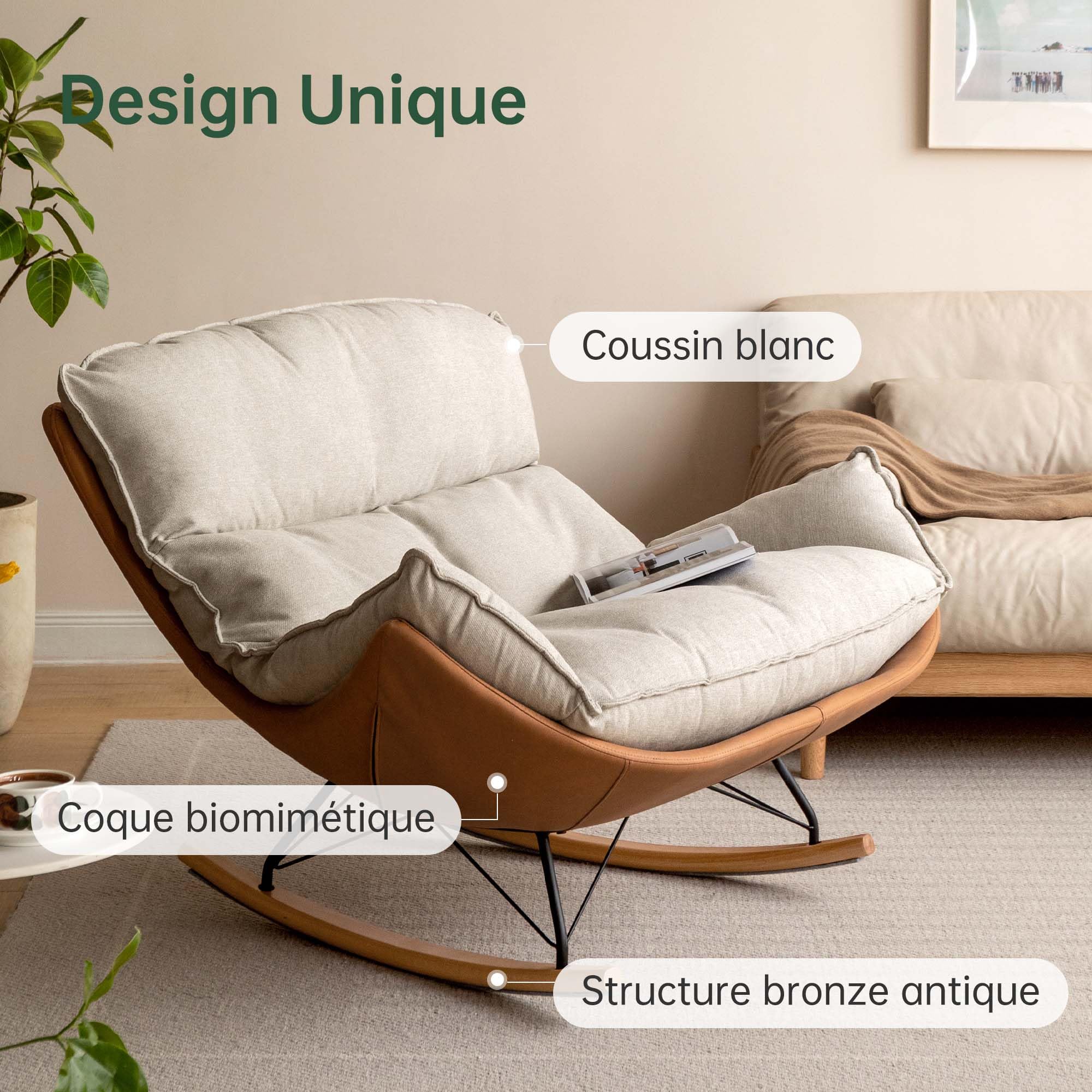 YESWOOD Fauteuil à Bascule, Forme de Cocon, Style Classique, Coussin Amovible, Structure en Hêtre Massif et Métal, 128 x 118 x 90 cm, Marron
