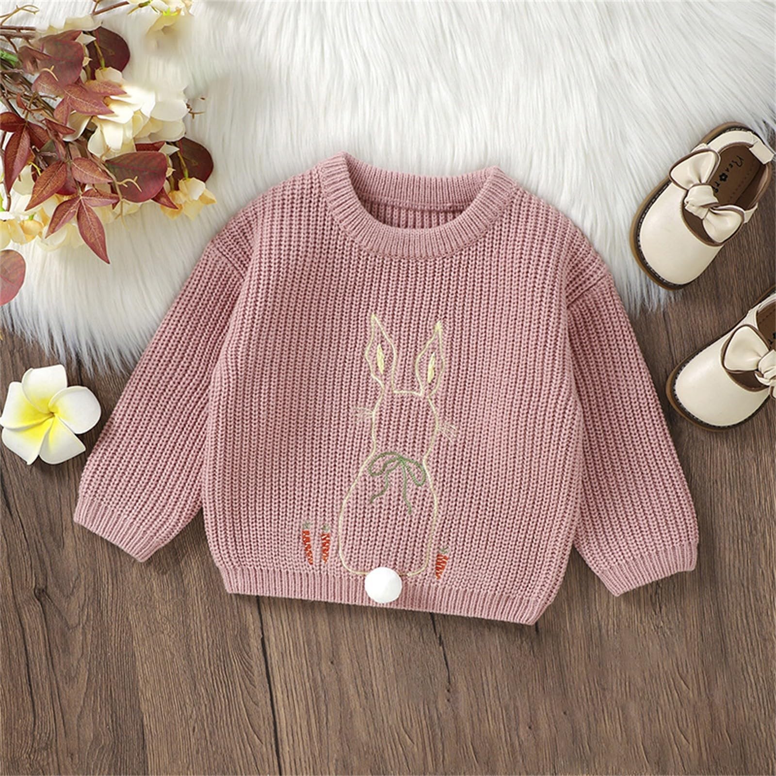 RNTOP Toddler Baby Boys Girls Knit Sweater Pullover Bunny Crewneck Long Sleeve Blouse Tops Warm (Pink, 18-24 Months)
