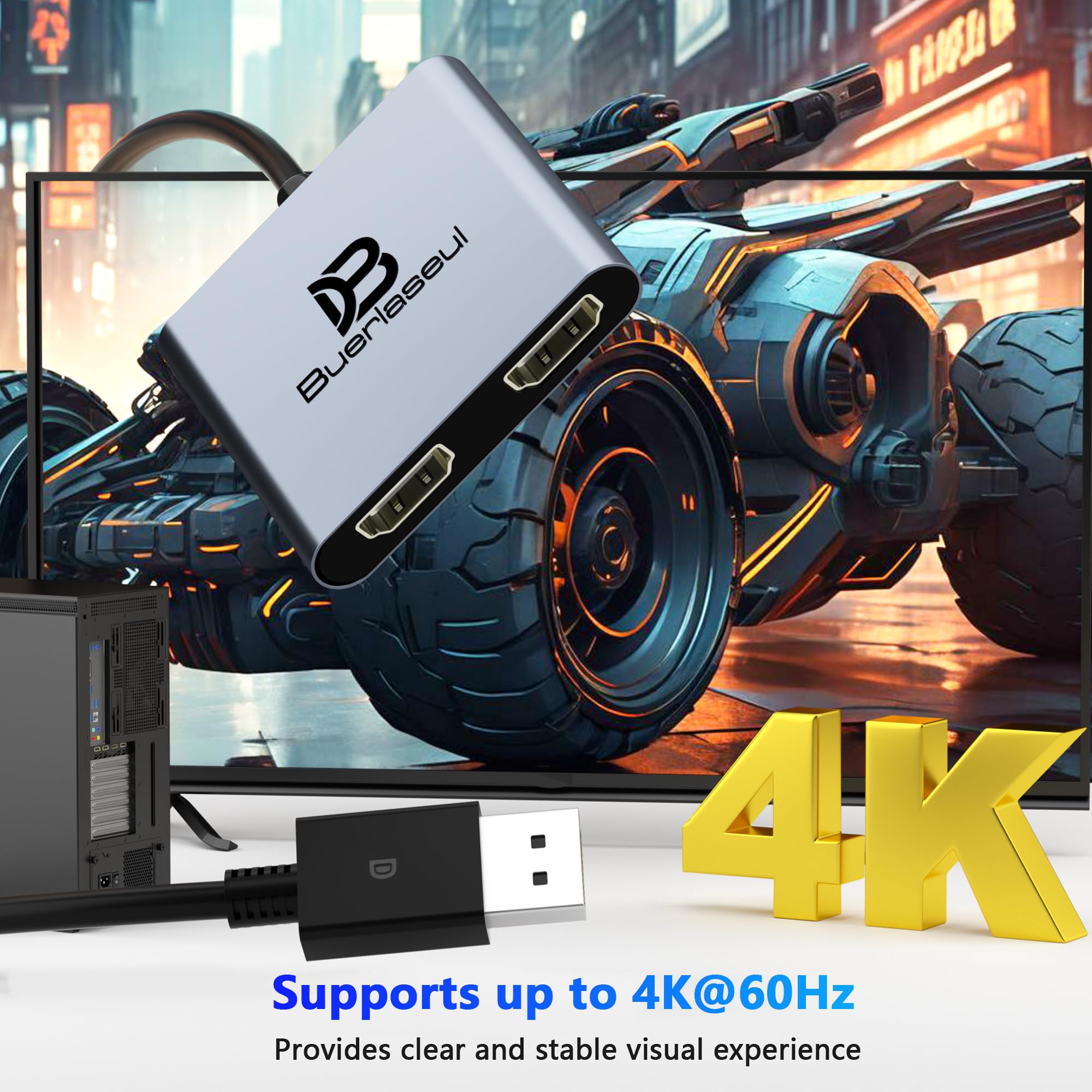 Adaptateur DisplayPort vers double HDMI 4K @ 60 Hz, répartiteur DisplayPort pour deux moniteurs HDMI, prend en charge le hub d'affichage étendu SST/MST, répartiteur DP 1 entrée 2 sorties pour PC