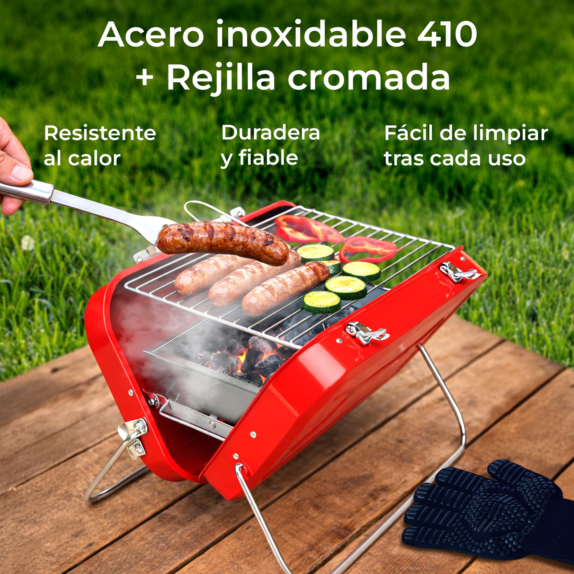 barbacoa carbón, barbacoa portátil de acero inoxidable 410 tipo maleta, ligera y compacta para camping, jardín, terraza y picnic, incluye guante térmico y utensilios BBQ