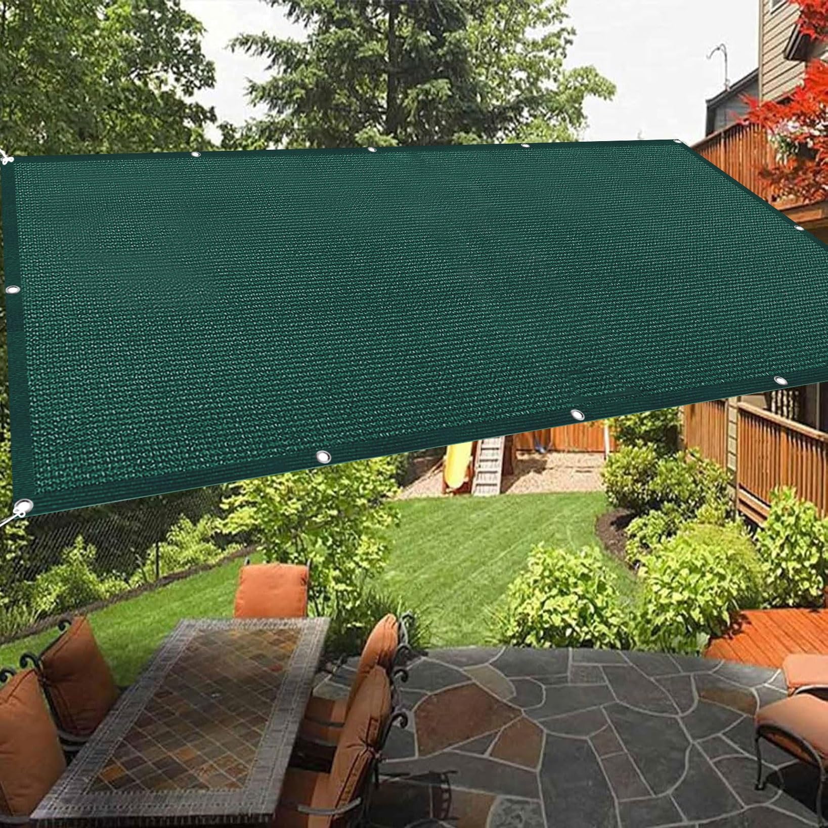 Toldo vela de sombra para jardín y terrazas verde oscuro con cuerdas exteriores