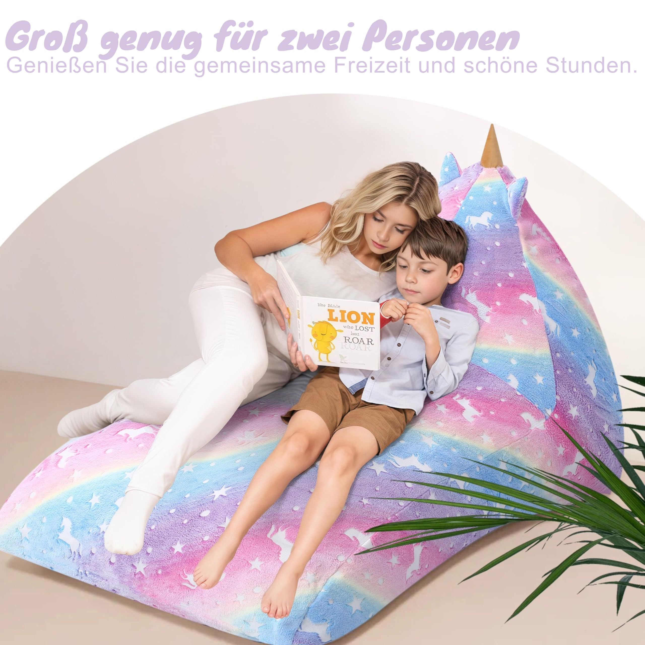 MeMoreCool Sitzsäcke für Kinder von 8–12 Jahren, großer Sitzsack mit Füllung, großes Kleinkinder-Sitzsackbett mit Einhorn, Faule Bodenliege für Kinder für Mädchen und Jungen, Leuchtend Regenbogen