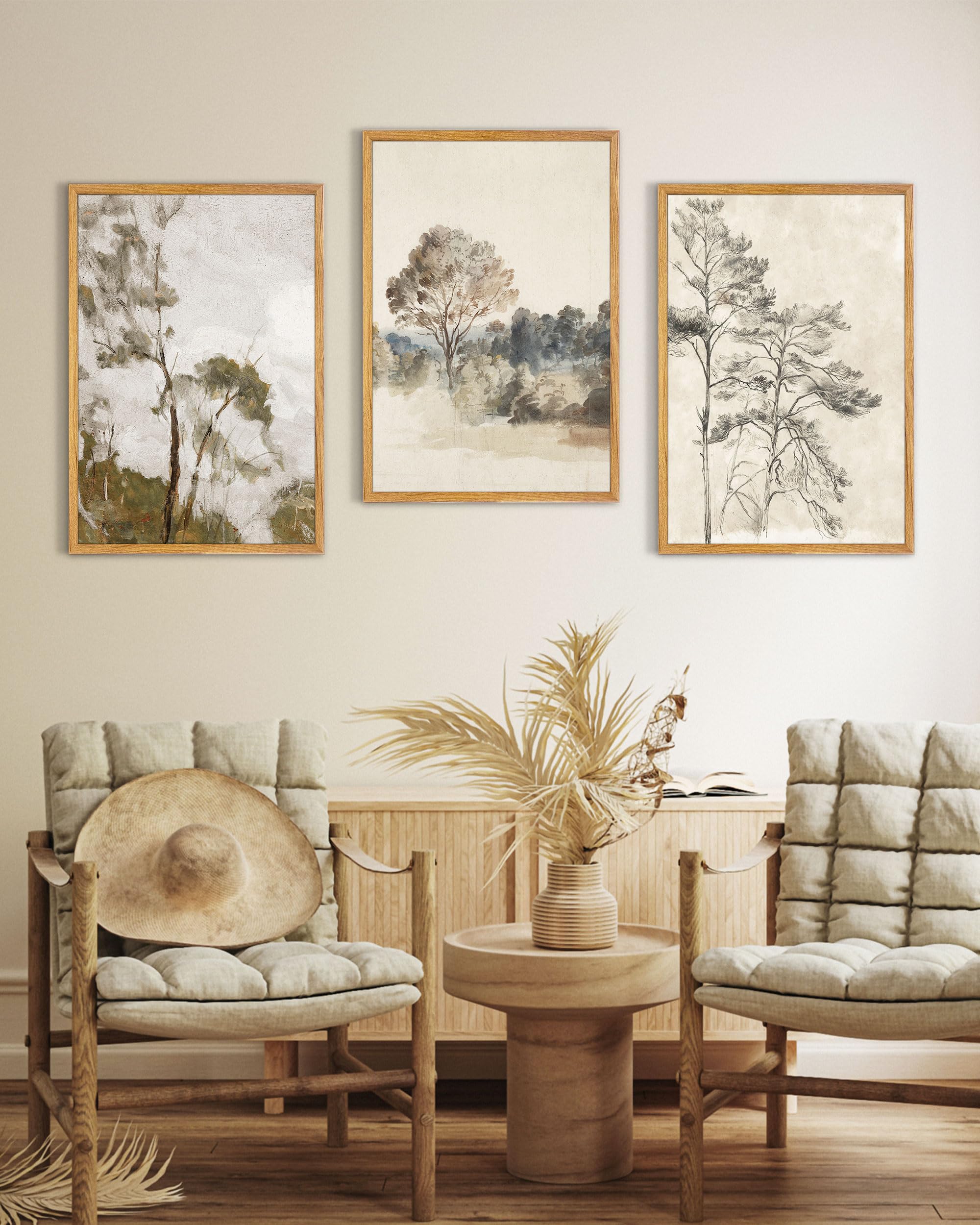 UPWOIGH Großes Wandkunst-Set, gerahmt, neutrale Landschaftsdrucke, Vintage-Baum-Poster, Dekoration für Wohnzimmer, Schlafzimmer, Büro, Bauernhaus, ästhetisch, Baumwoll-Leinwand, Geschenk, 3 Stück
