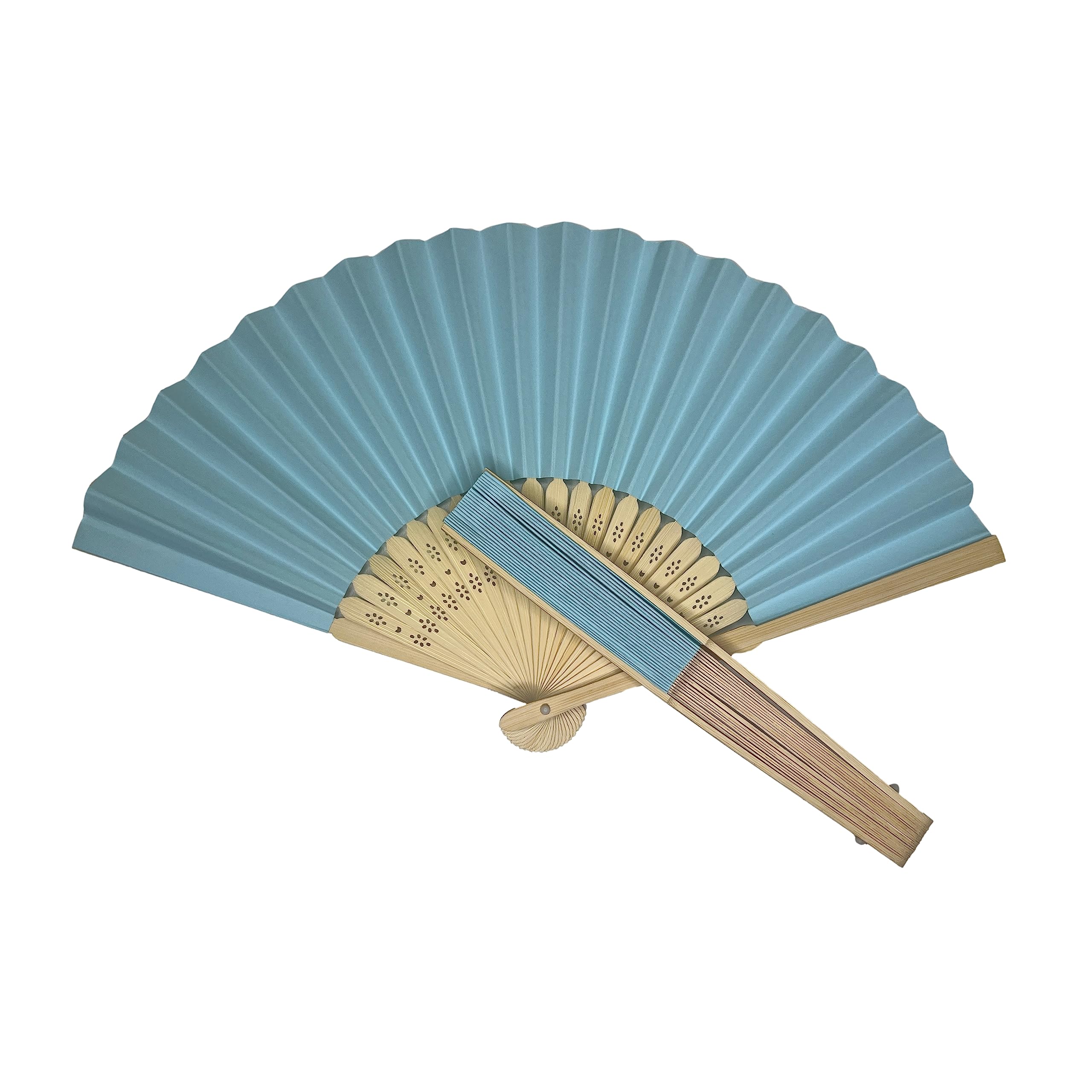 Parev Light Blue Paper Foldable Hand Held Bamboo Wooden Fan