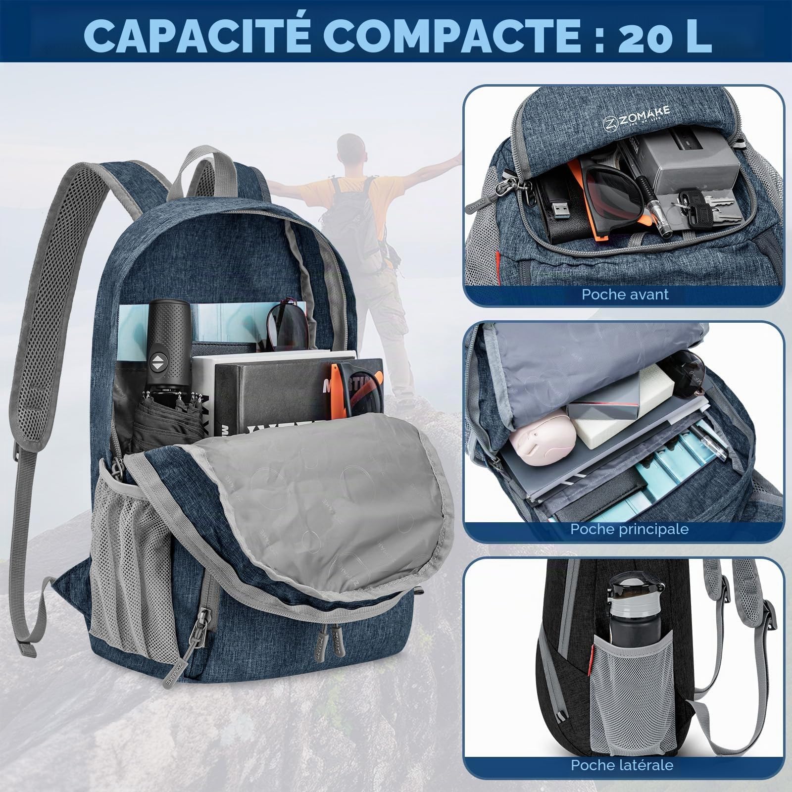 ZOMAKE Petit Sac à Dos Ultra Leger 20L Pliable Sac a Dos pour Marche les Voyage Randonnée pour Femme Homme