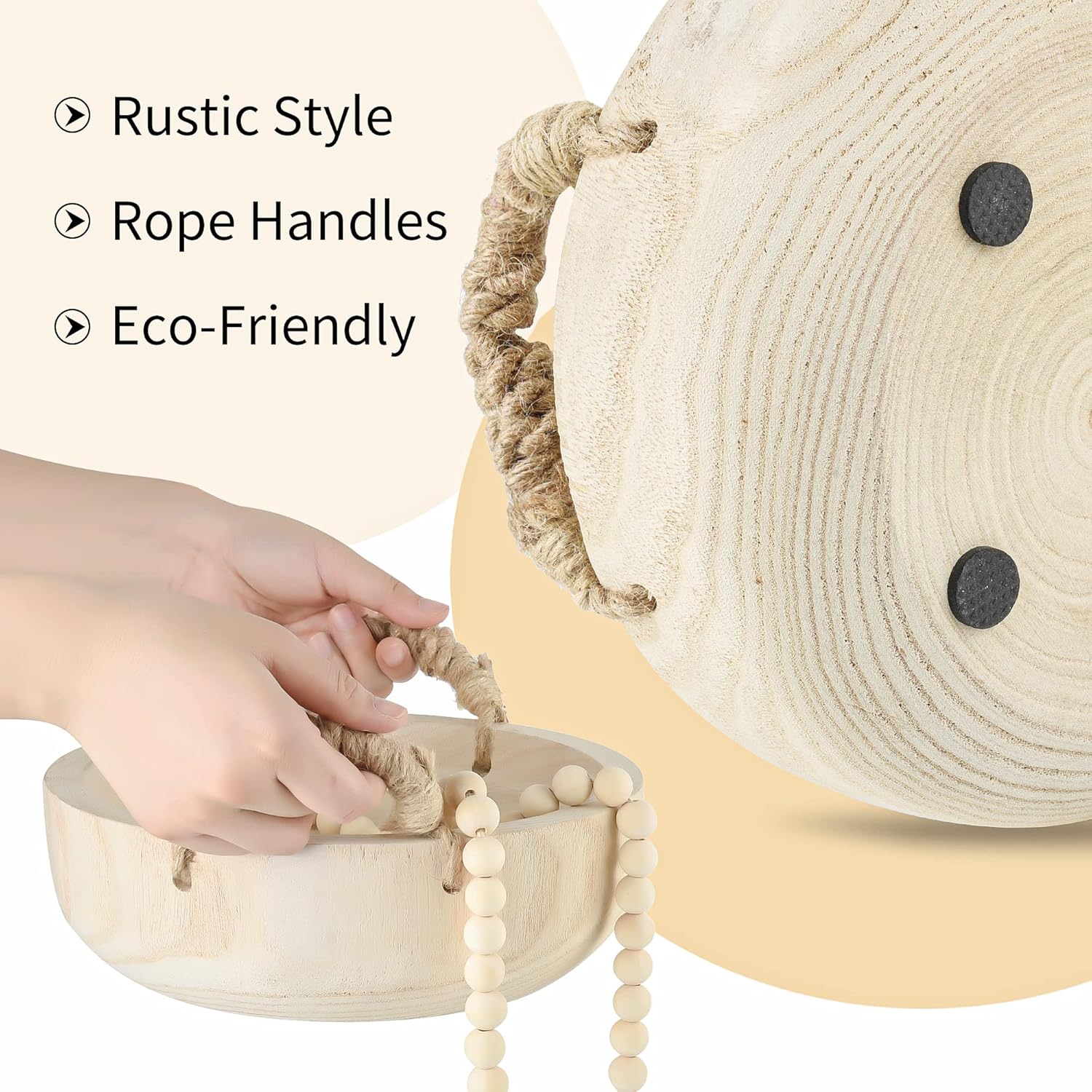 AllReal Paulownia Wood Bowl Rustic Wooden Dough Bowl for Decor Decorative Round Serving Key Bowl with Rope Handle and Wood Bead Garland for Tabletop Centerpiece Home Decor 9.5 inches: Home & Kitchen