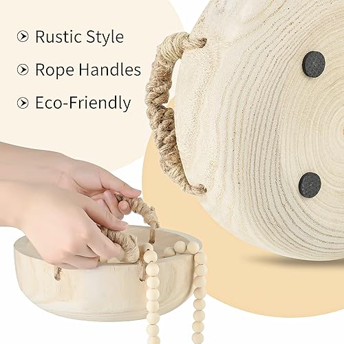 Miniatura 4 de Paulownia - Cuenco de madera para decoración – Rústico redondo para llaves con mango de cuerda y guirnalda de cuentas de madera – Centro de mesa de