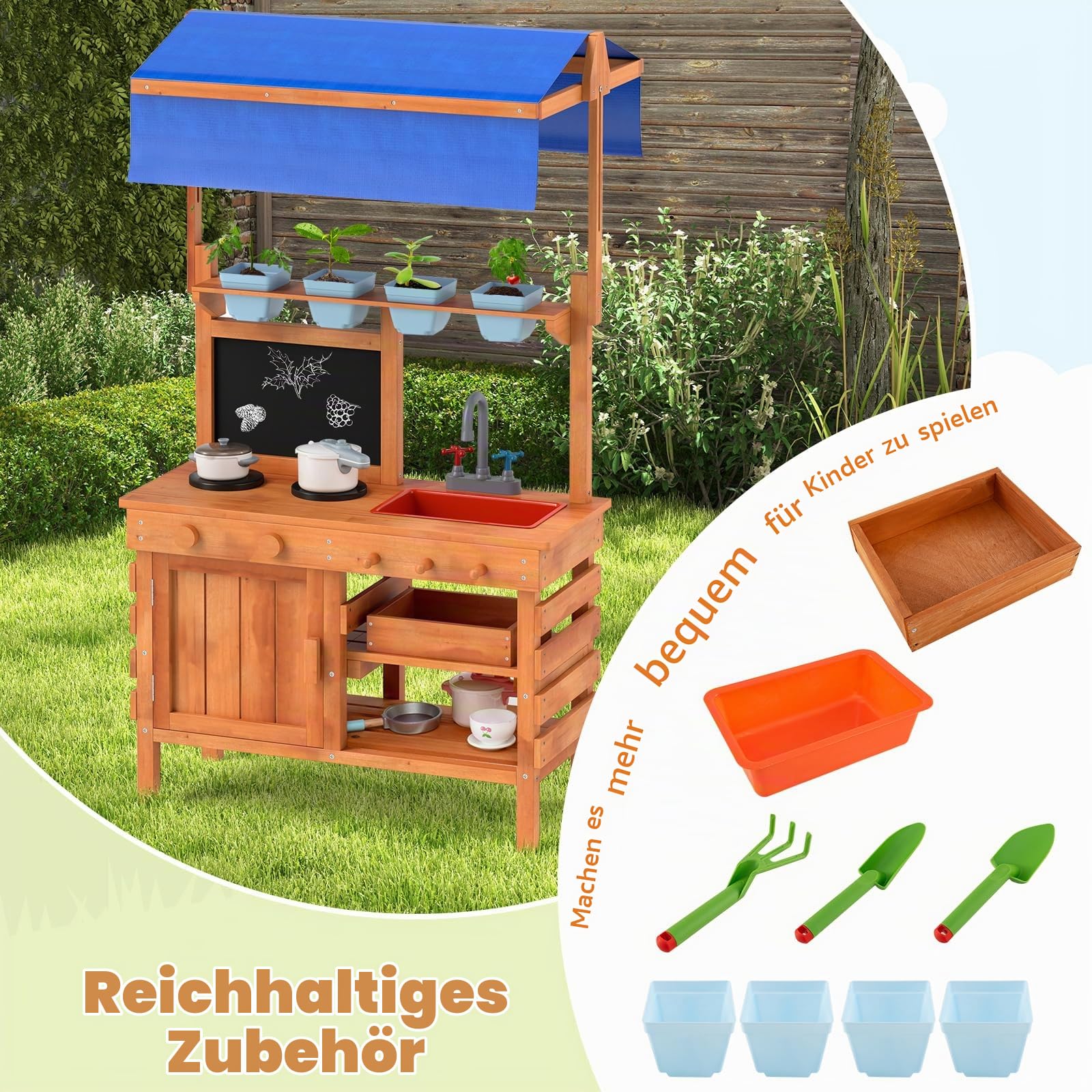 FANTASK Matschküche Kinder Outdoor, Kinderküche Holz mit Sonnendach & Tafel & Pflanzbechern & Schaufeln