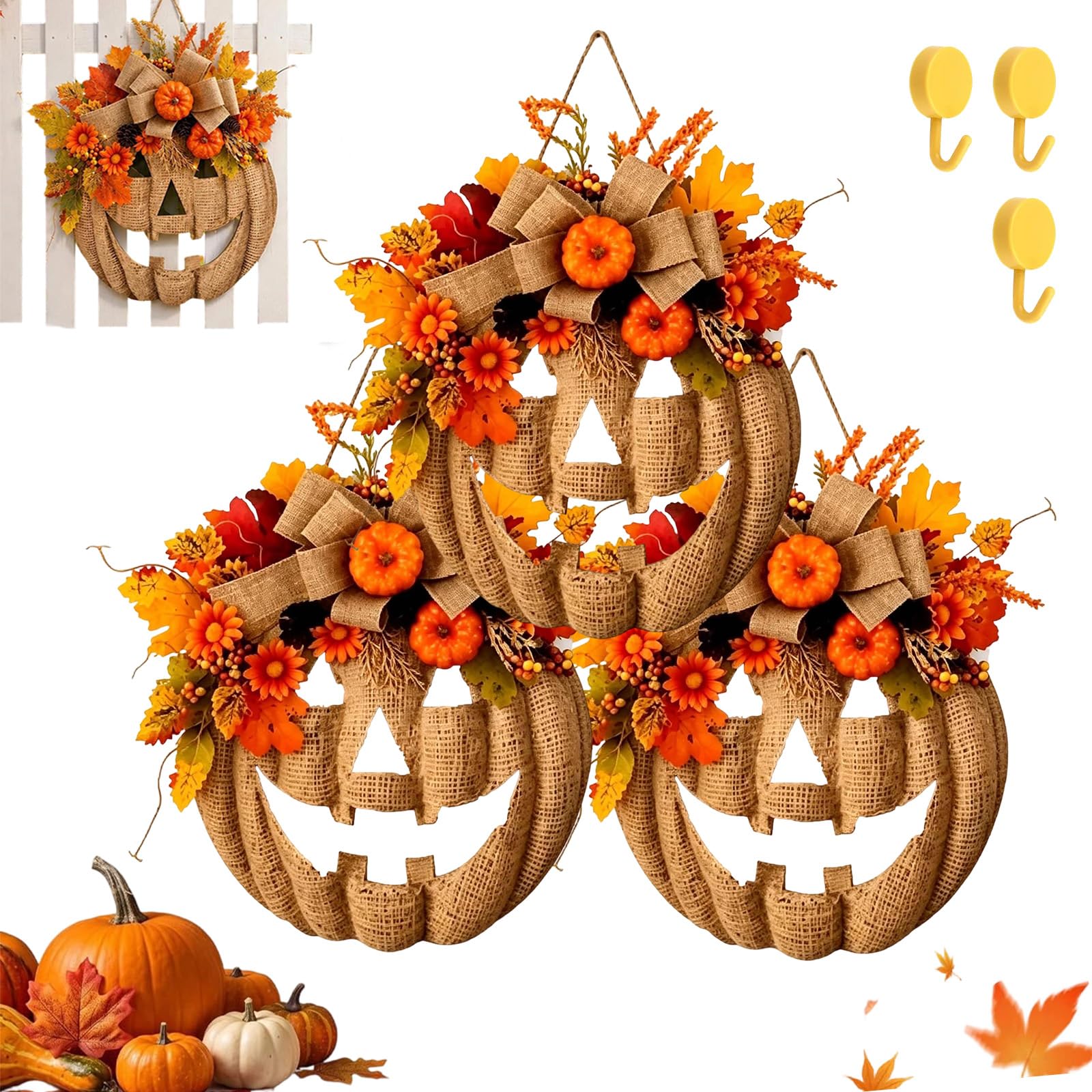 Lighted Burlap Pumpkin Wreath, Halloween Garland Patchwork Adorned with Remote Control, Halloween Farmhouse Fall Harvest Wreath for Indoor Outdoor Wall Porch Home Door (3pcs,Without Lights)