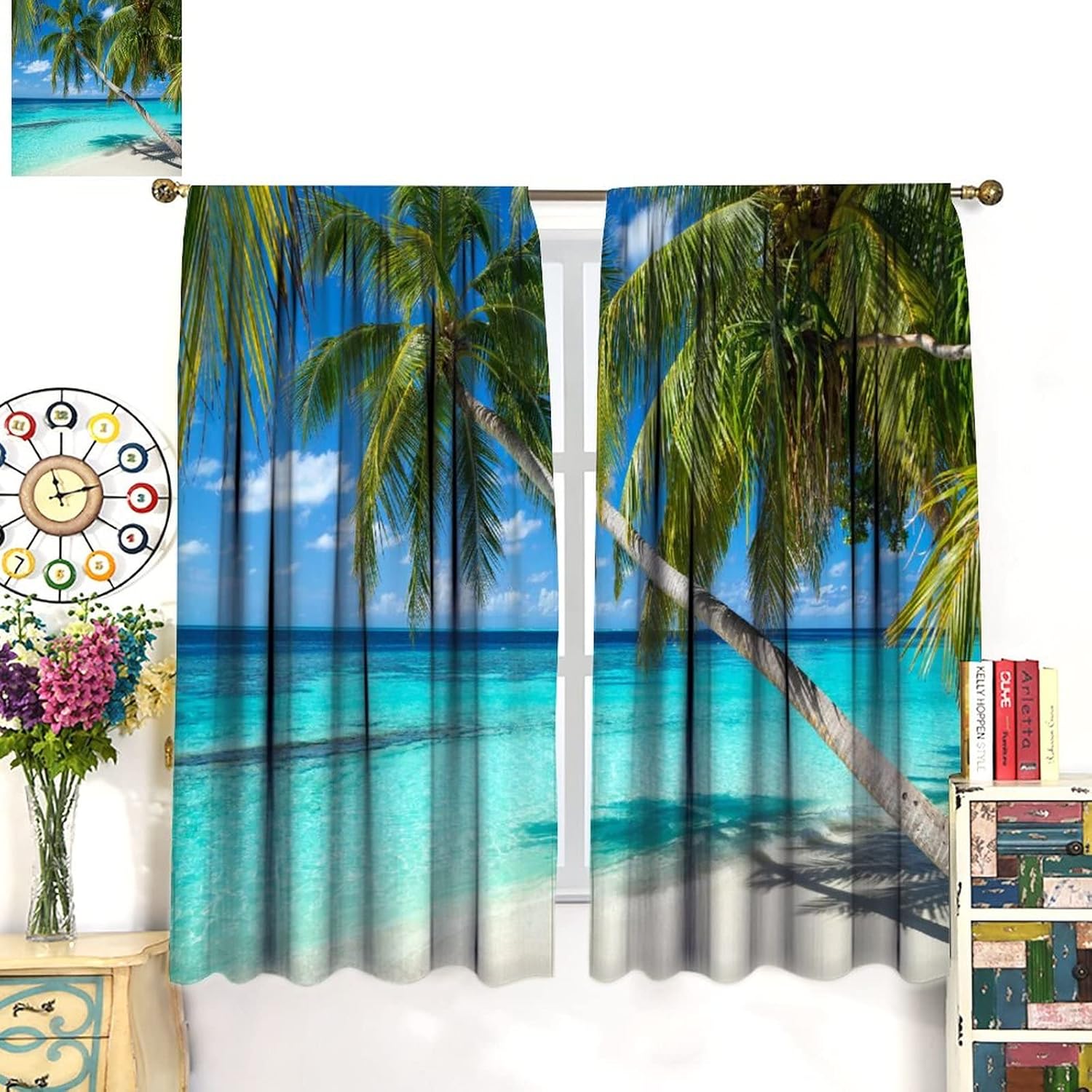 Summer Seaside Curtains Tropical Palm Tree Blue Green Ocean Horizonal Serenity Seascape Art Print for Living Room Bedroom Kitchen Decor Rod Pocket Blackout Window Drapes 2 Panels 52x84in