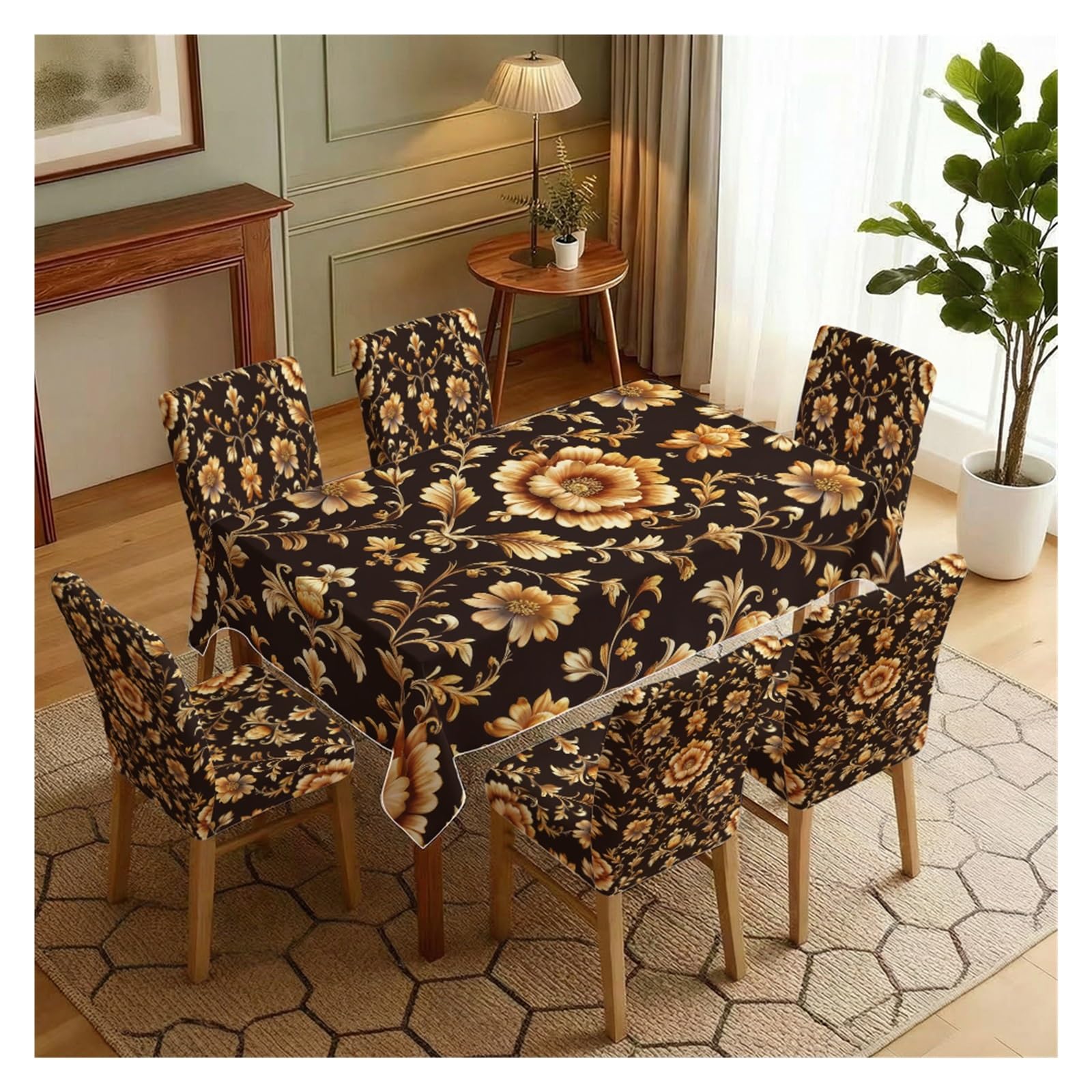 KXUAUV Vintage Golden Floral Dining Set Covers, 5/7 Piece Brown Tablecloth With Matching Stretch Chair Slipcovers For Classic Home Decor Party Decor(7pcs Set: Tablecloth+Chair Covers)