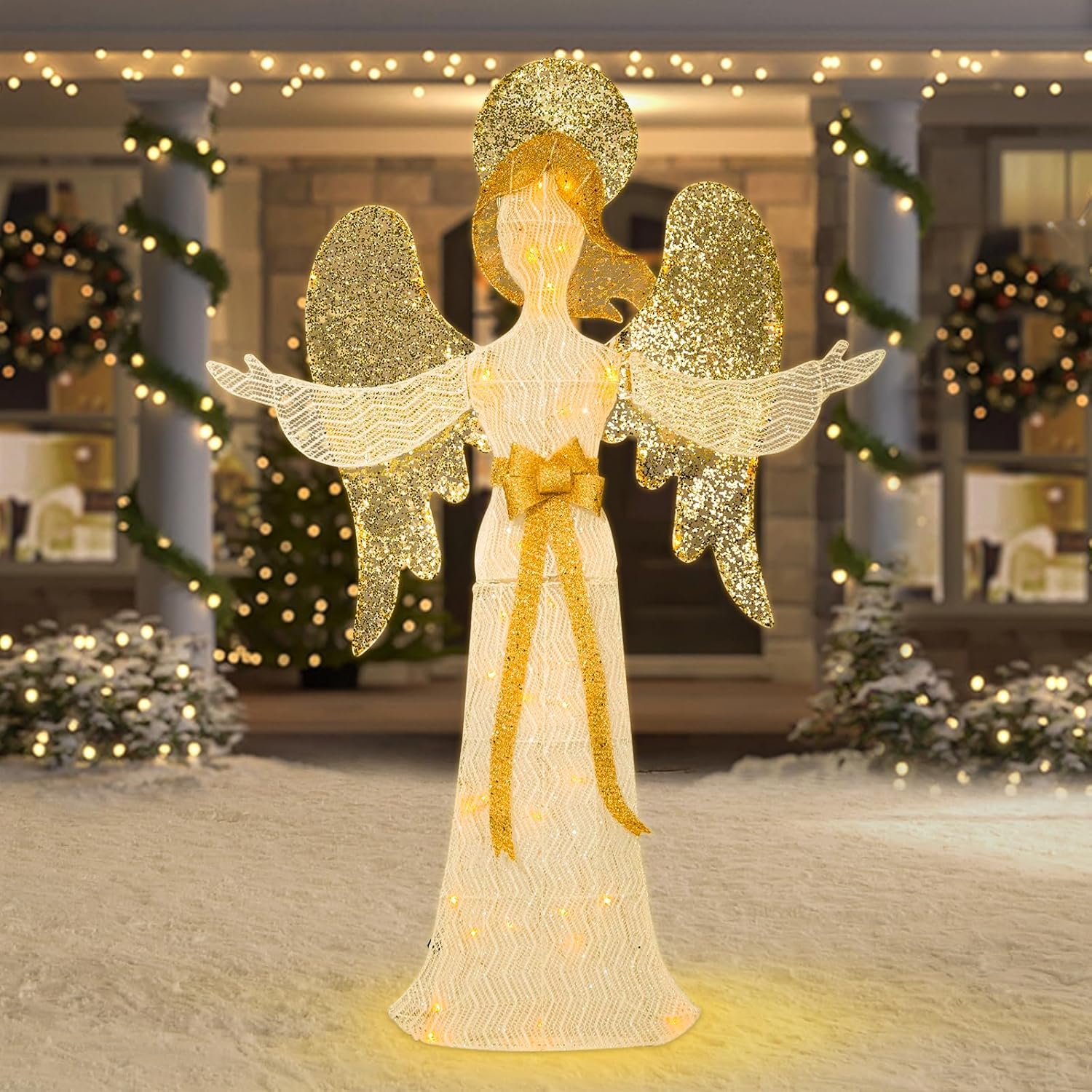 Vigdur 4 FT Lighted Christmas Angels - 3D Glittered Christmas Angel Decorations with Led Lights, Halo, Bow, Ground Stakes, Outdoor Christma Decoration for Xmas Lawn Yard Garden