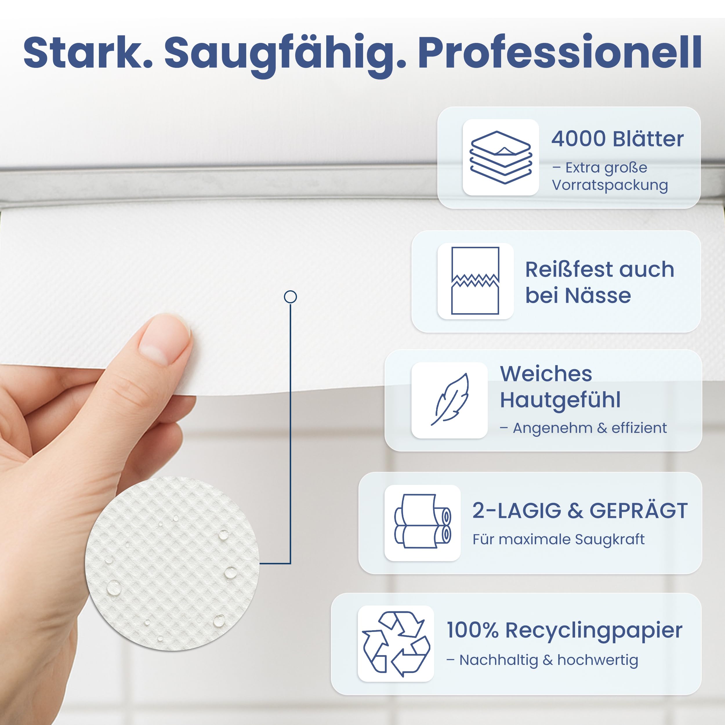 4.000 Papierhandtücher | 2-lagig | ZZ-Falz Falthandtücher | weiße Recycling Papiertücher, 25×21 cm | weiche & saugfähige Einweg Handtücher für Spender