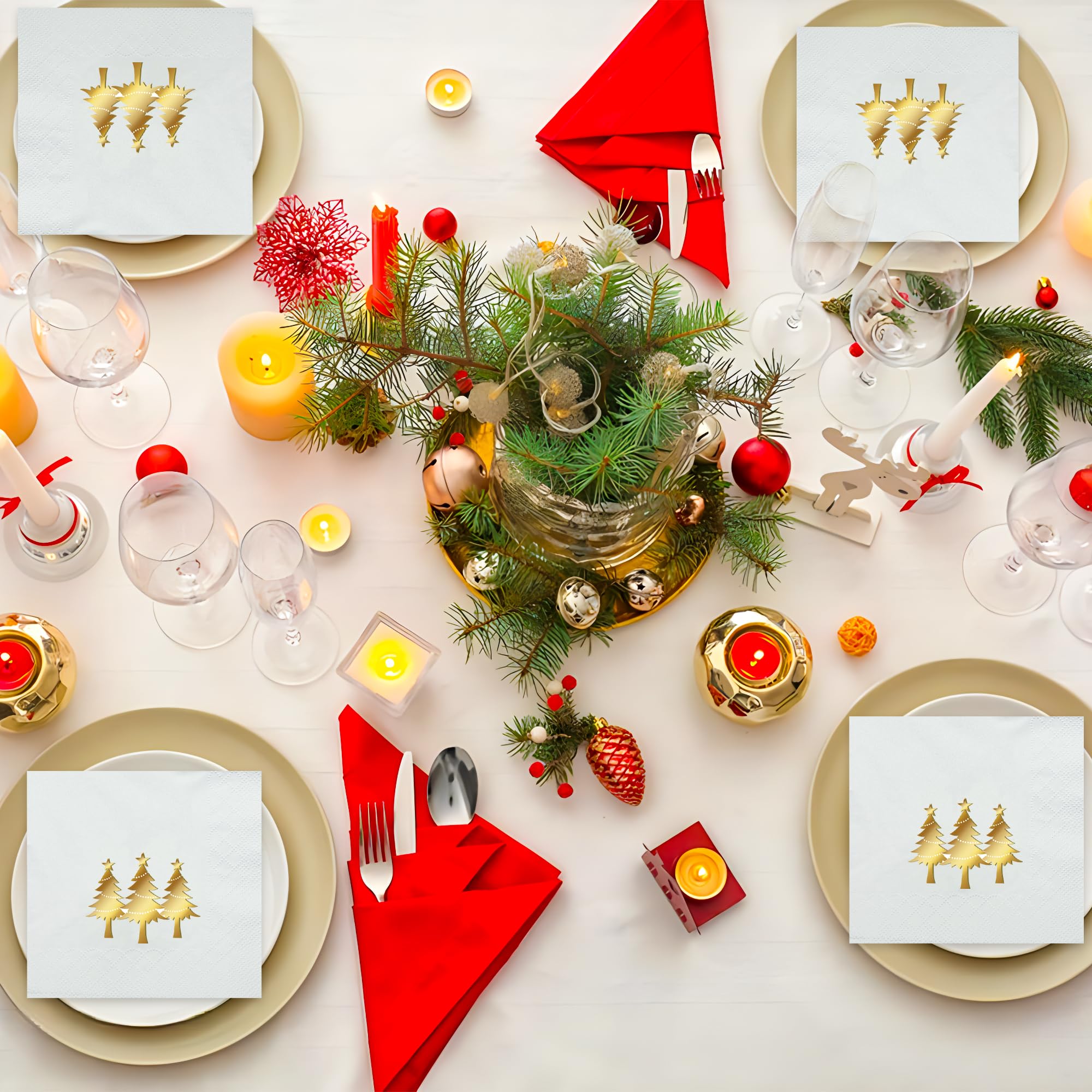 100 servilletas de cóctel de Navidad, servilletas de papel de aluminio dorado, servilletas desechables de árbol de Navidad, servilletas de 3 capas blancas y doradas para Navidad, vacaciones, cocina,