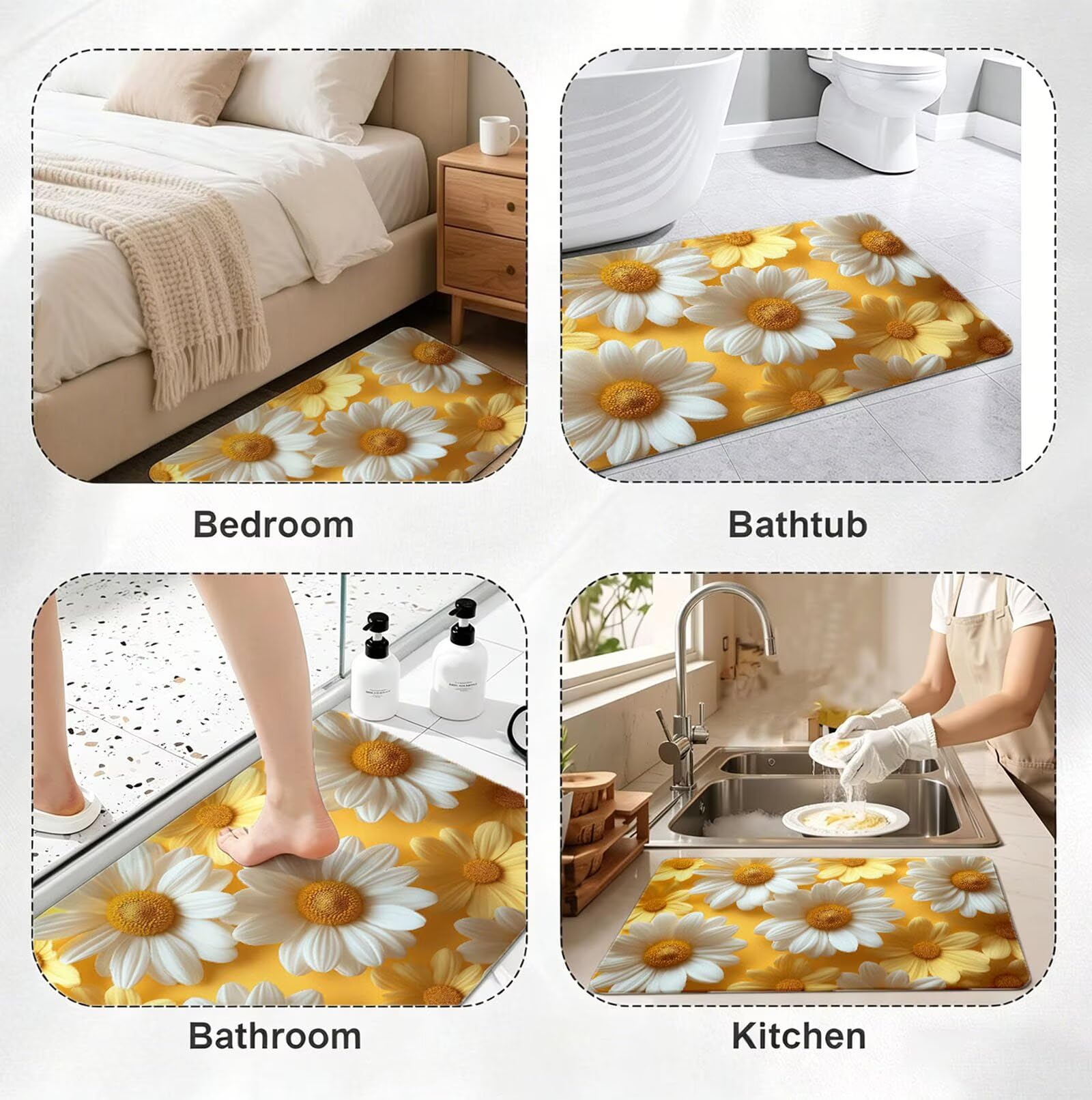 Alfombra Diatomita Baño 60 x 90 cm, Blanco Alfombra Bañera Antideslizante, Ducha Secado Rapido Alfombrilla Baño, Alfombrilla de Baños Lavable, Fácil de Limpiar, para Ducha, Bañera Margarita O-6506
