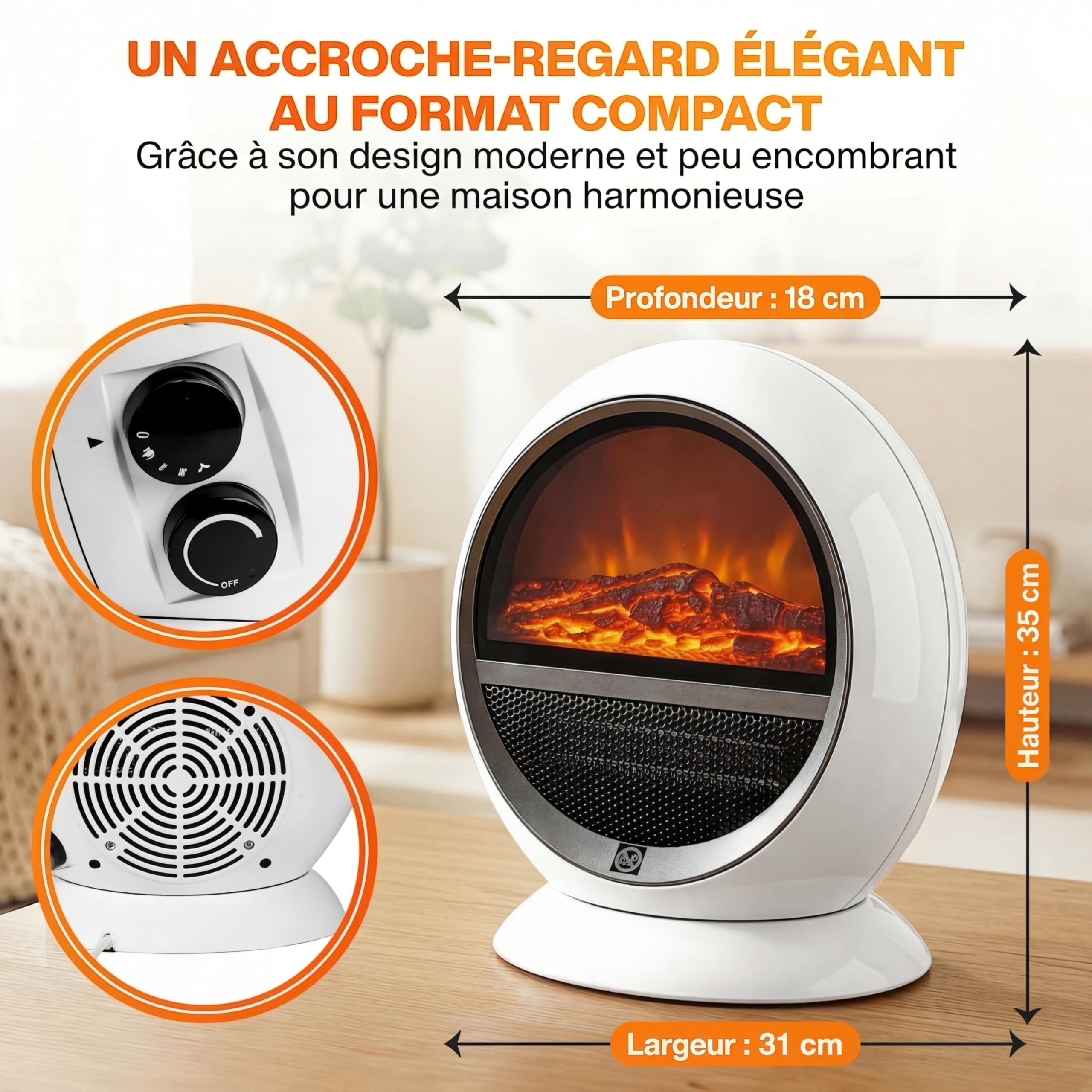 DEUBA® Radiateur électrique Effet cheminée LED transportable 2 Niveaux Chauffage pour intérieur décoration cheminée décorative
