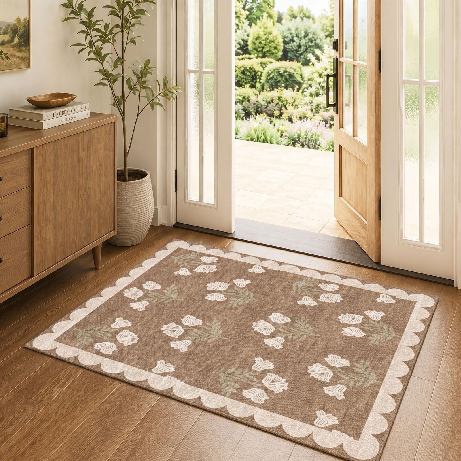 Othilic 3x4 Floral Entry Rug - Small Washable Indoor Outdoor Mats for Front Door Non-Slip Porch Rug Tan Boho Neutral Farmhouse Throw Rugs for Living Room Bedroom Entryway Kitchen Office Porch Decor