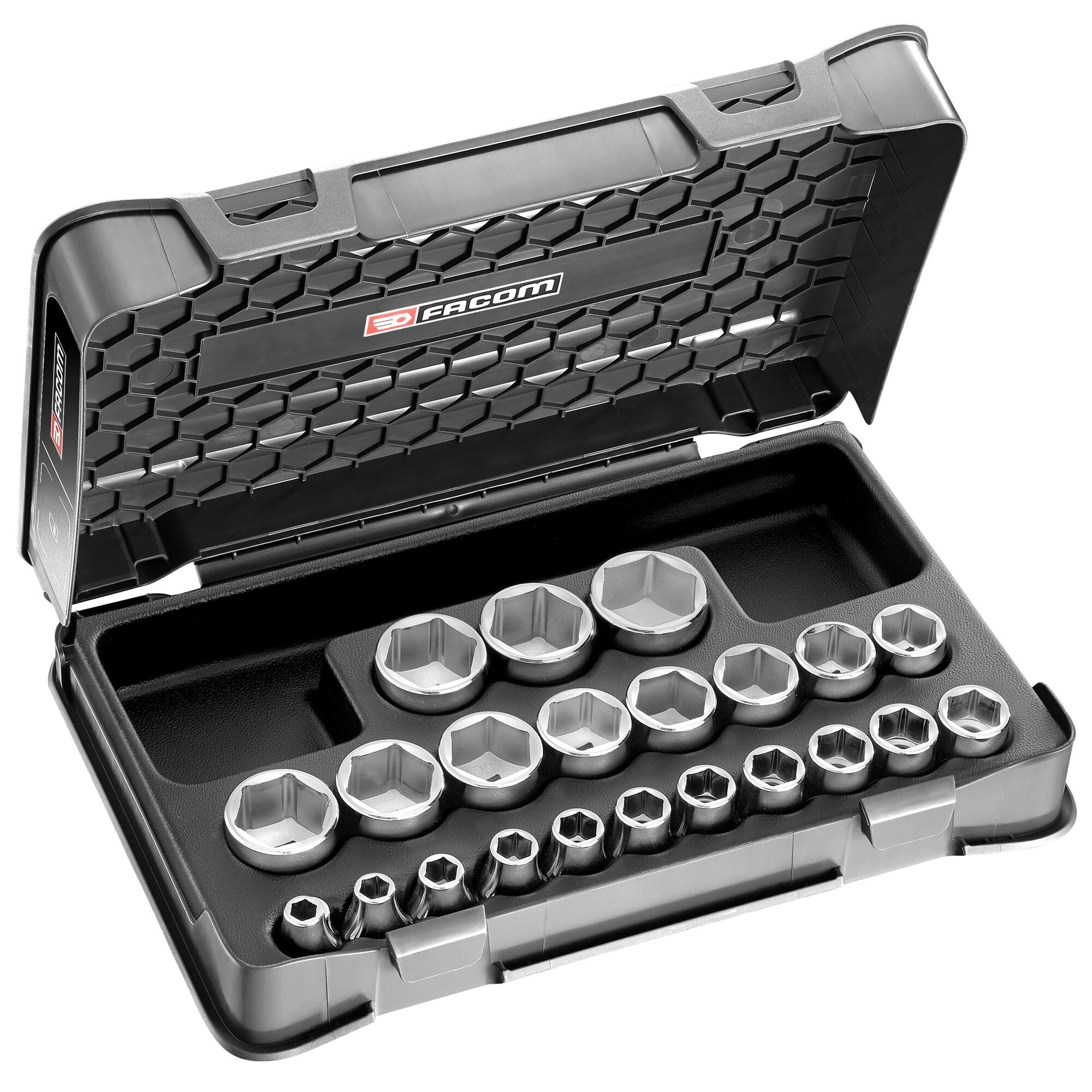 FACOM - Coffret Douilles 1/2" 6 Pans Métriques - S.401B - Outillage Complet 22 Pièces - Inclus 22 Douilles, 1 Planche de Pictogrammes, 1 Coffret Vide et 1 Plateau Thermoformé - Outils Robustes
