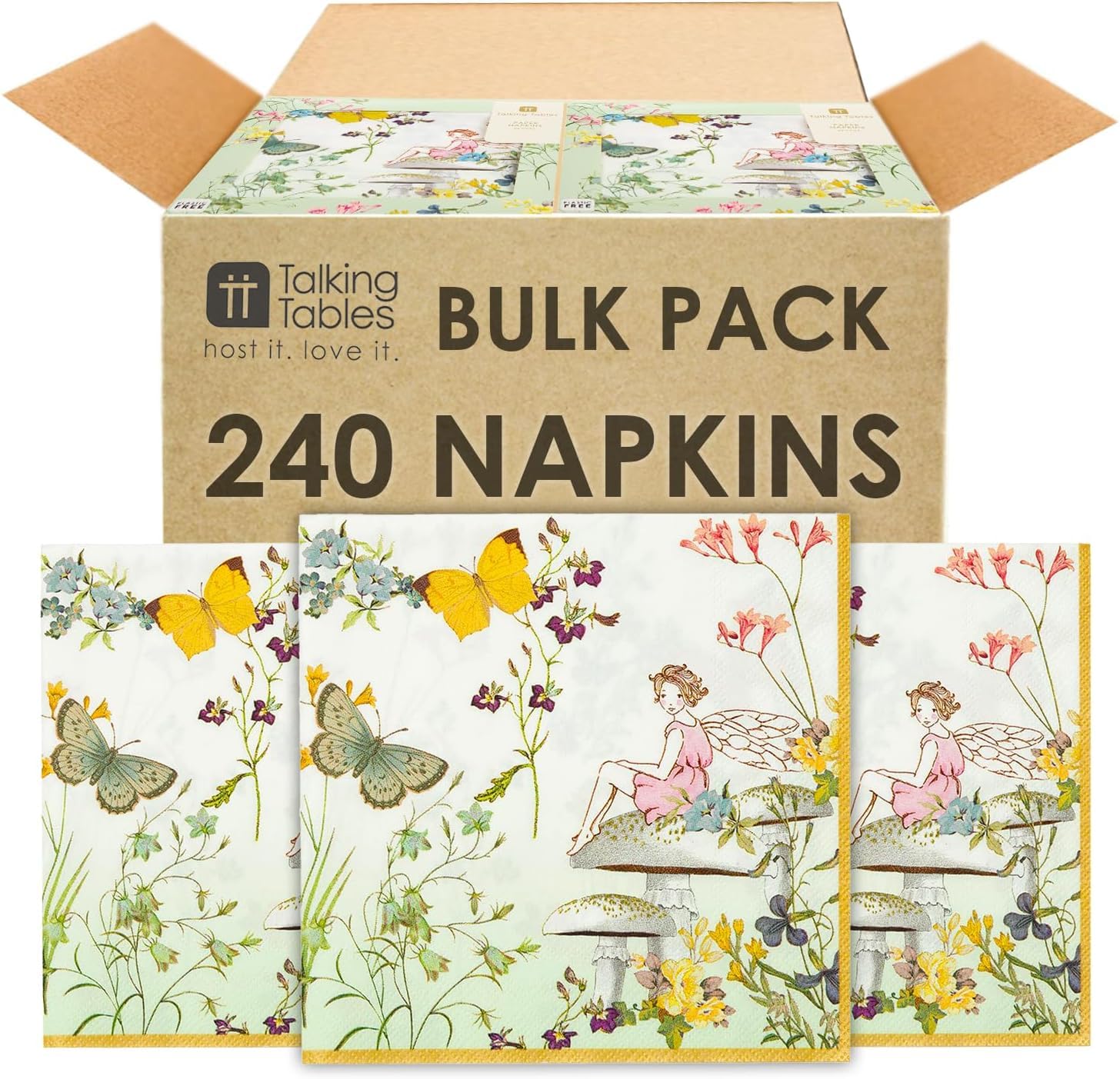 Talking Tables Lot de 240 serviettes en papier motif fée - Jolies serviettes en papier - Fournitures de fête et décorations de papillon pour filles, anniversaire, jardin, fête d'été, barbecue