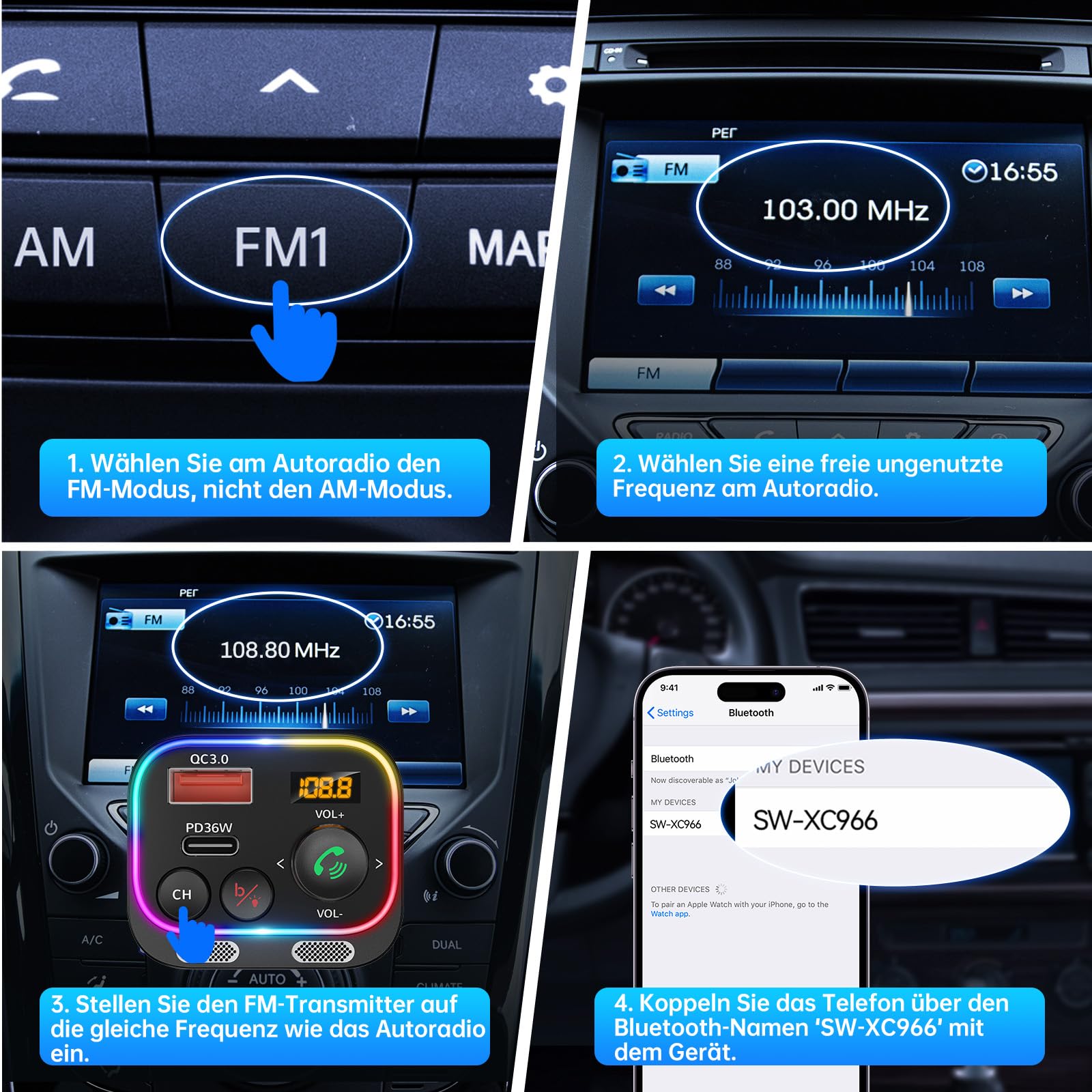 Syncwire Bluetooth 5.4 FM Transmitter Auto Ladegerät 54W PD&QC3.0 USB C Auto Adapter [Schnellladung] [Stärkere Dual-Mikrofone & HiFi-Basston] [Lichtschalter] Kabelloser Radio Freisprechanlage