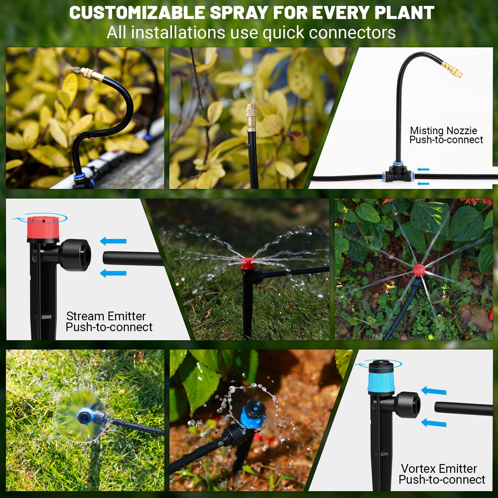 Kit di irrigazione a goccia da 60 m con connettori push-fit, sistema di irrigazione automatico da giardino fai da te, design a risparmio idrico aggiornato 2026 con 3 ugelli regolabili per cortile