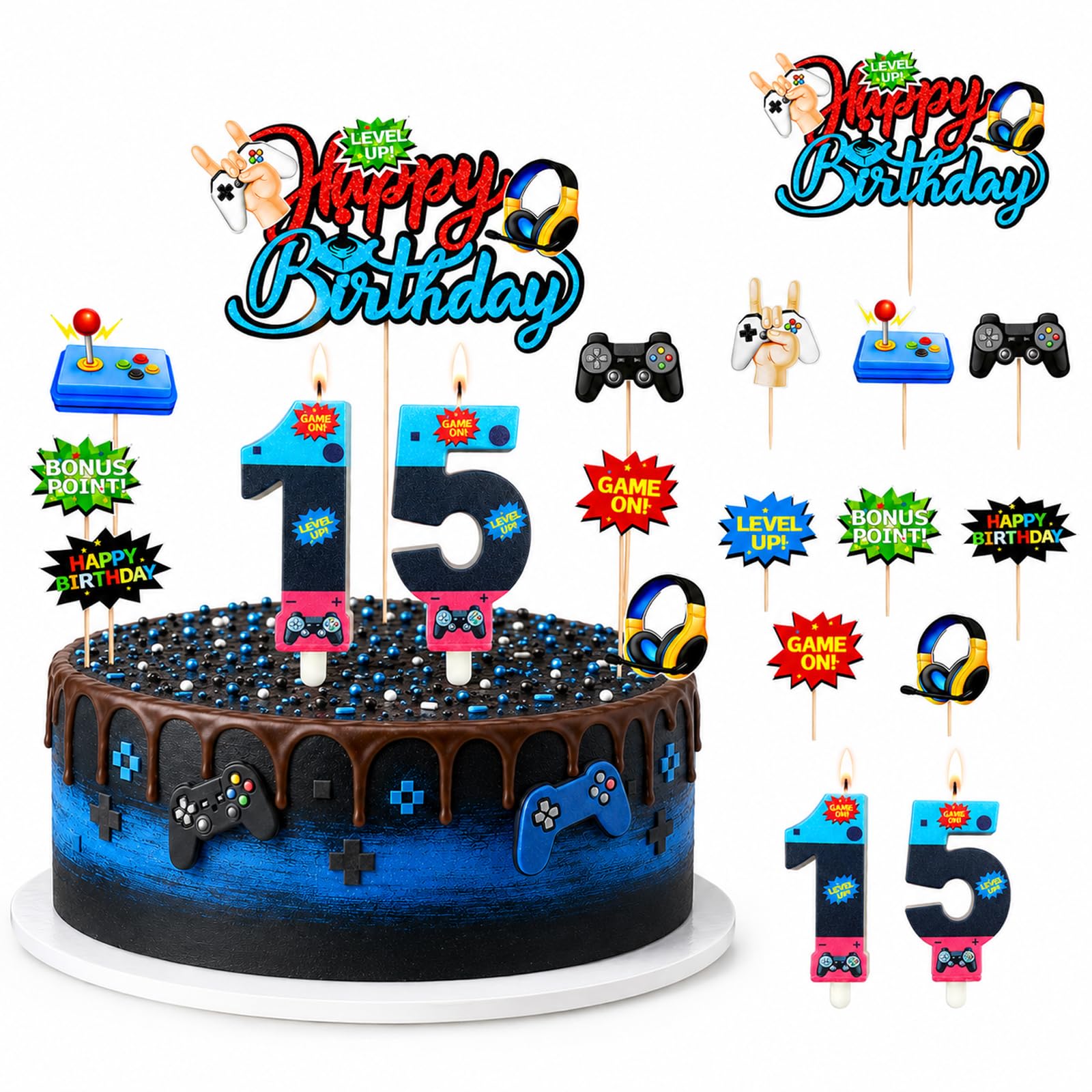 Bolosa 15th Birthday Candles and Gaming Cake Topper Set, Number 15 Birthday Candles with Video Game Birthday Decorations, Cake Picks for Boys Teen Gamer Party, Game On 15th Birthday Decorations