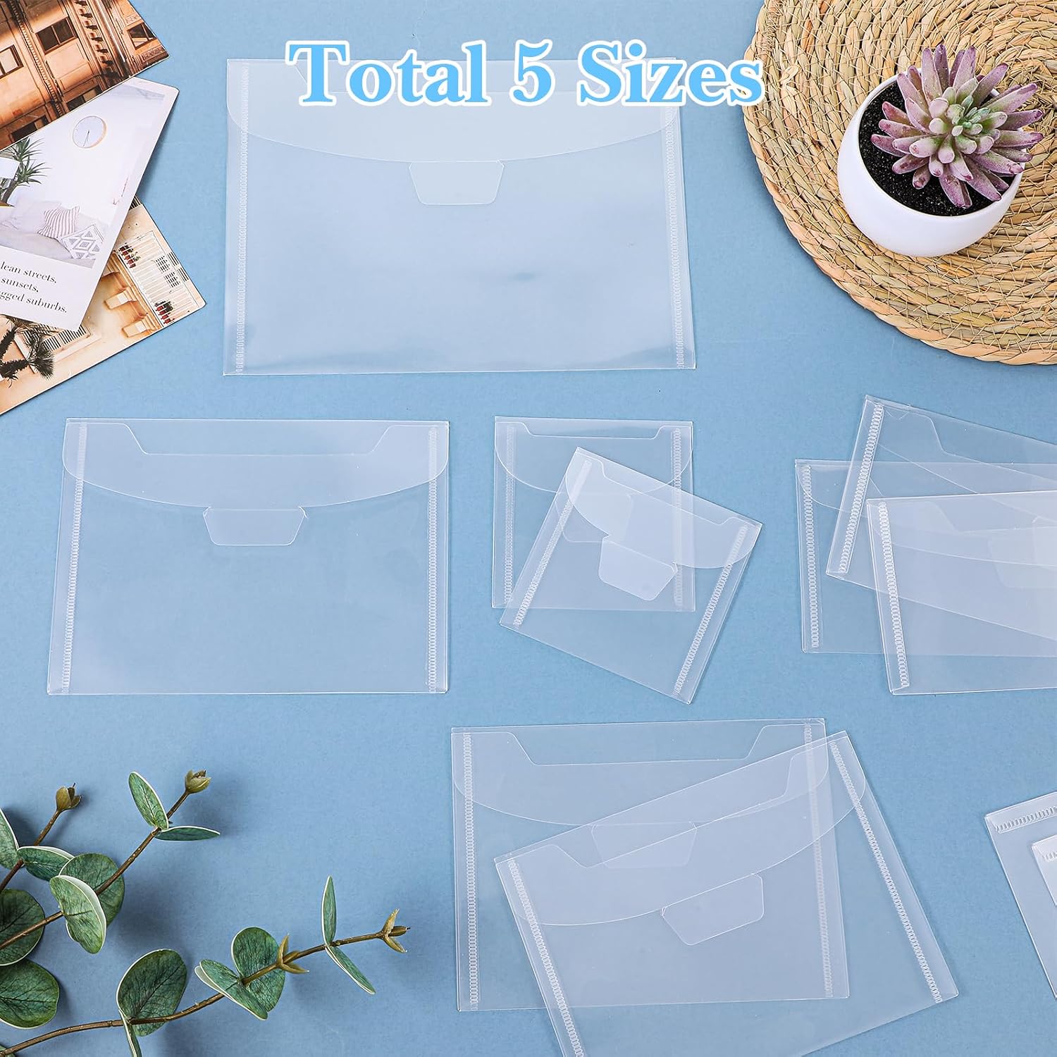 100 Pcs Plastic Stamp and Die Storage Bag - Clear Organizer Envelopes with 5 Assorted Sizes for Craft Cutting Stencil, Paper, Card, Document Protection and Easy Identification