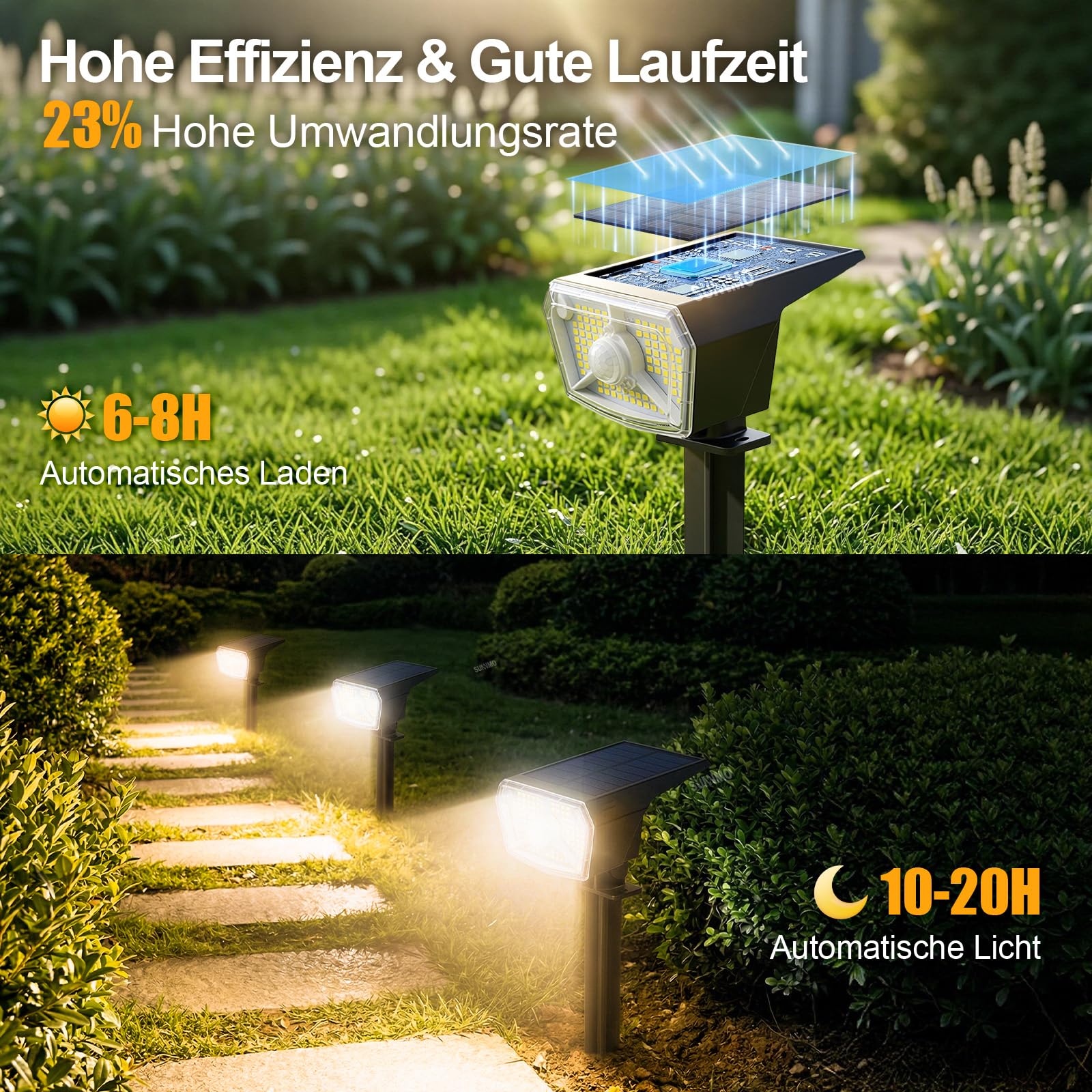 Solarlampen für Außen mit Bewegungsmelder, Solarleuchten Garten 104 LED 3Modi Wetterfest IP65 Wasserdicht, Solar Gartenleuchten Solarstrahler für Außen Garten sehr Hell Warmweiß 3000K, 4 Stück