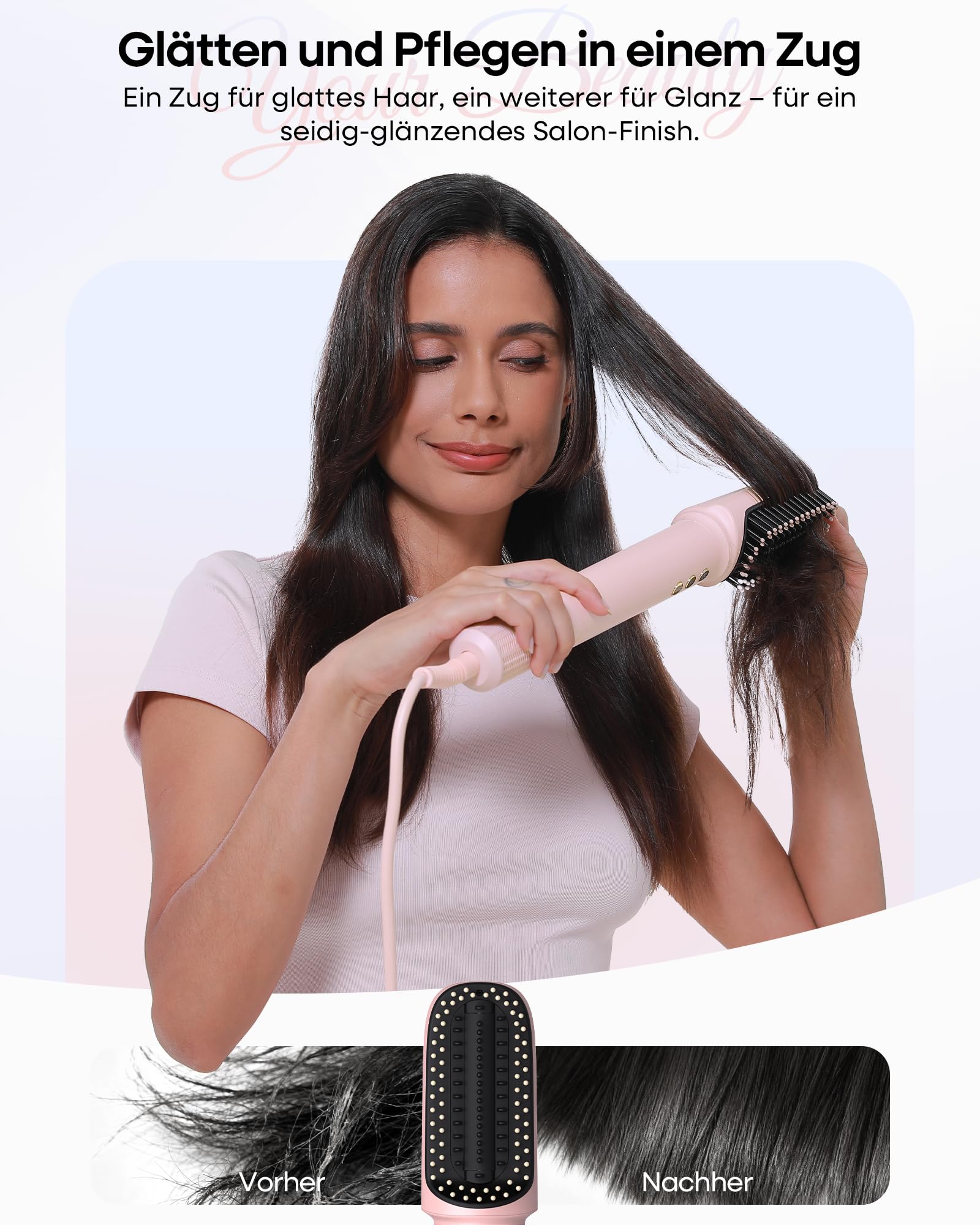 Airstyler 7 in 1 Ionen Föhn mit Diffusor Lockenstab Haartrockner Glätteisen Volumenbürste Warmluftbürste Reisetasche Rosa