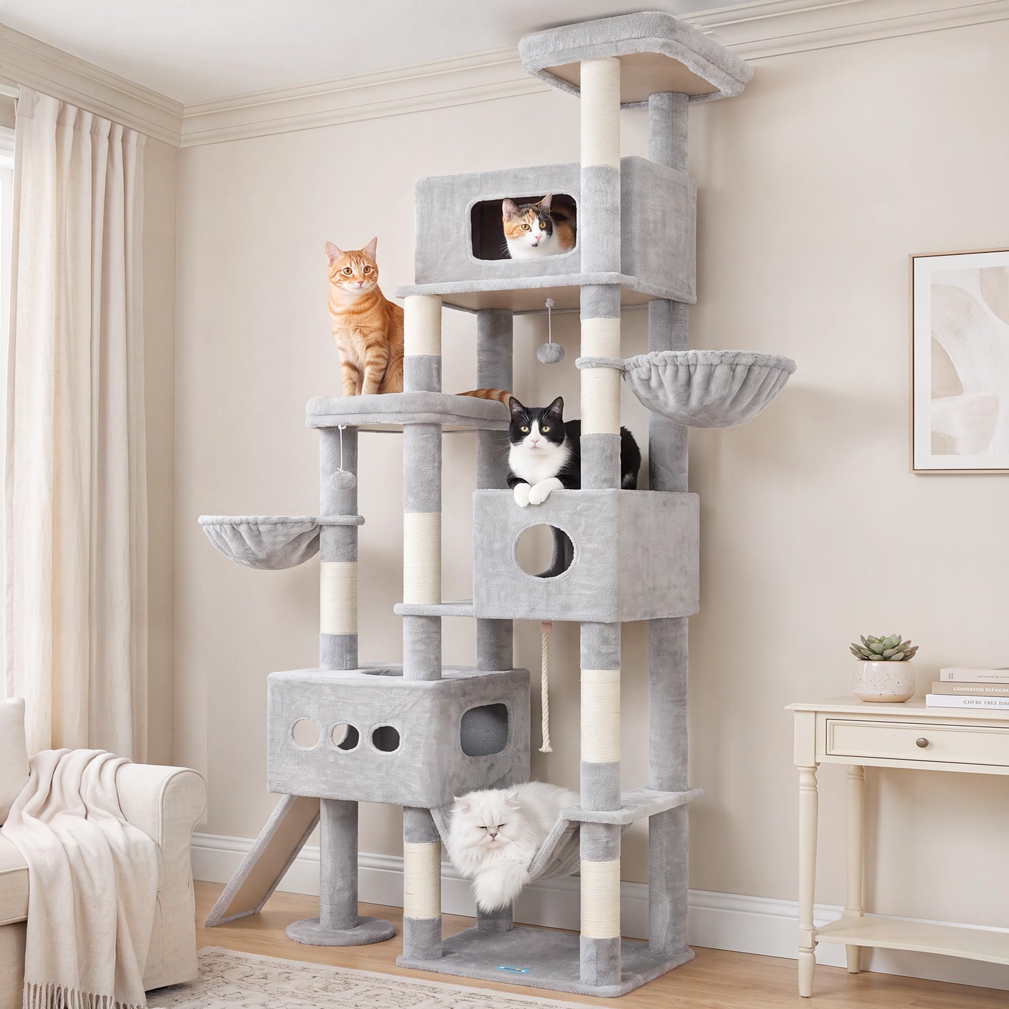 Gitelsnour Árbol para Gatos XXL 225 cm – Árbol Estable para Gatos Grandes, 3 Nidos, 2 Cestas Colgantes, Hamaca, Tabla Rascadora, 2 Plataformas de Observación, Base Estable, Gris Claro GCT808W
