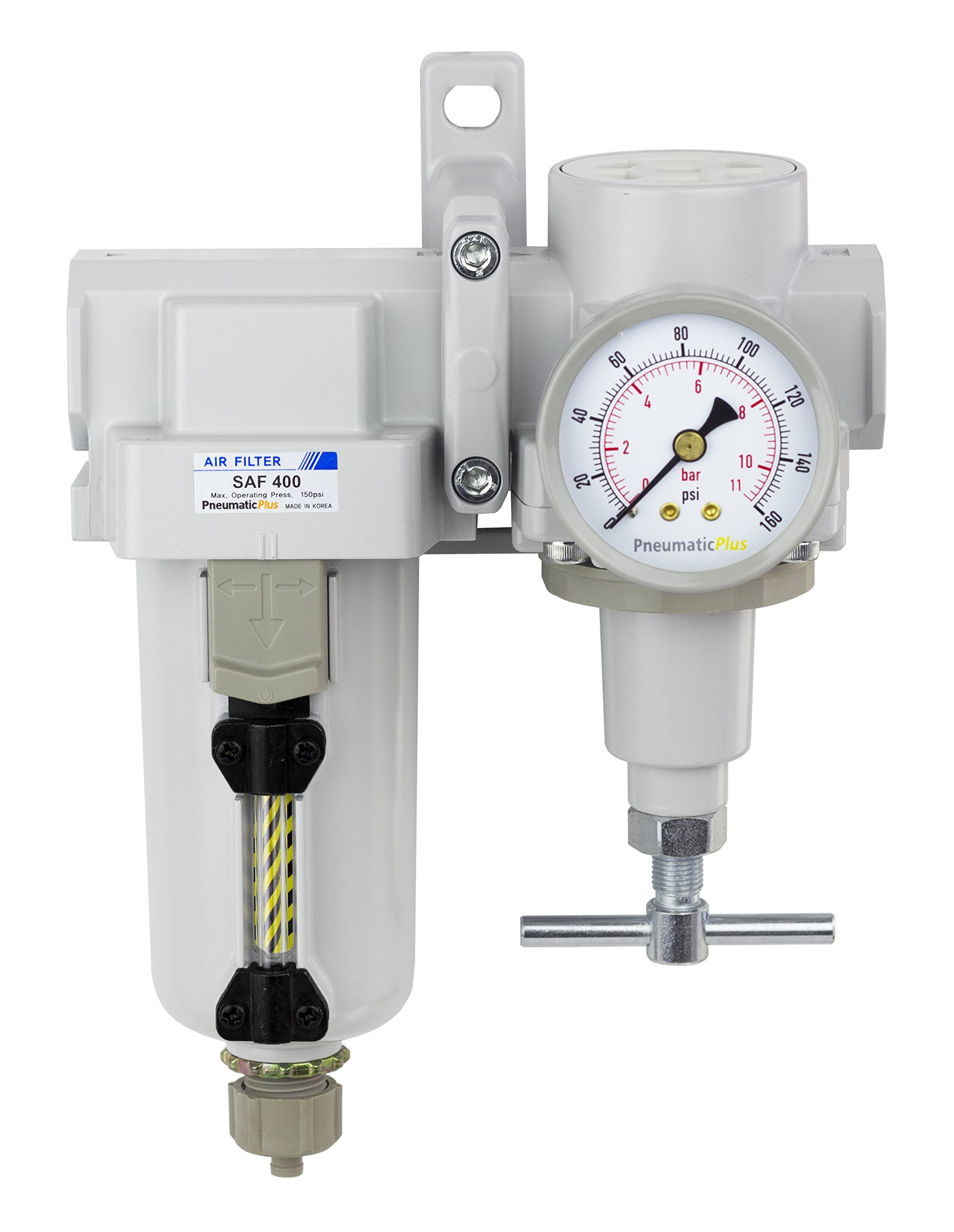PneumaticPlus SAU420T-N04G-MEP Combo de regulador de filtro de aire NPT de 1/2 pulgadas, mango en T, drenaje manual, cuenco de metal