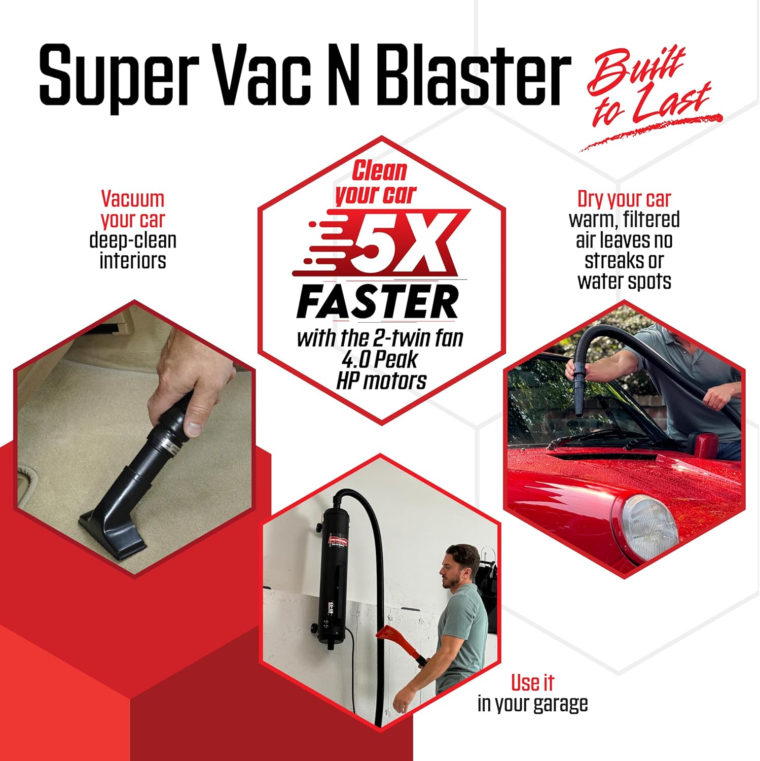 MetroVac Super Vac N Blaster unit mounted on a garage wall, with hoses connected.