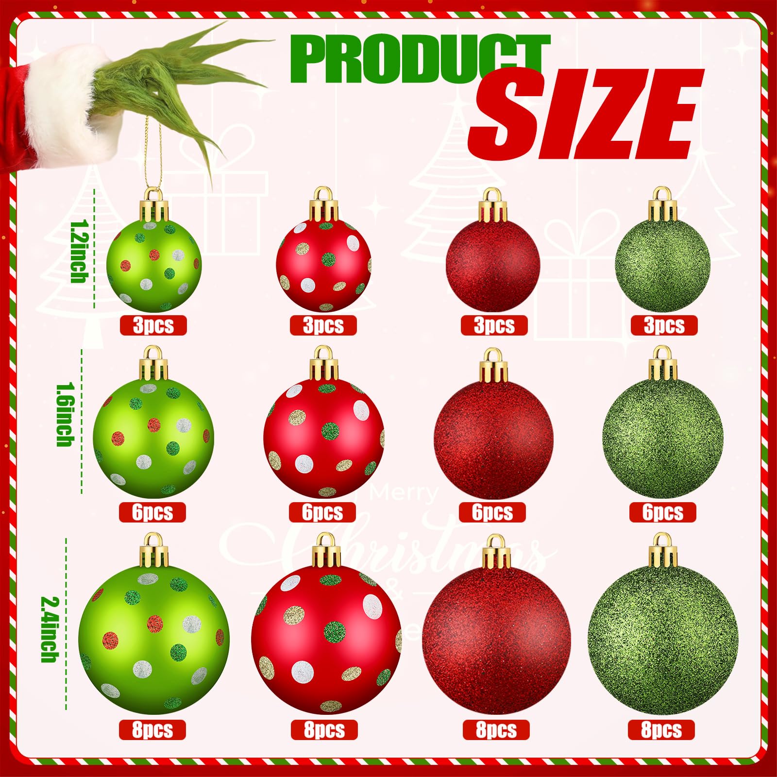 Daifunli 68 Pcs Christmas Tree Ball Ornaments 2.4 1.6 1.2 Red Green Glittering Hanging Xmas Ball Lime Green Elf Christmas Ball Decoration Shatterproof Dot Ball Decor for Winter Tree Party Event Decor