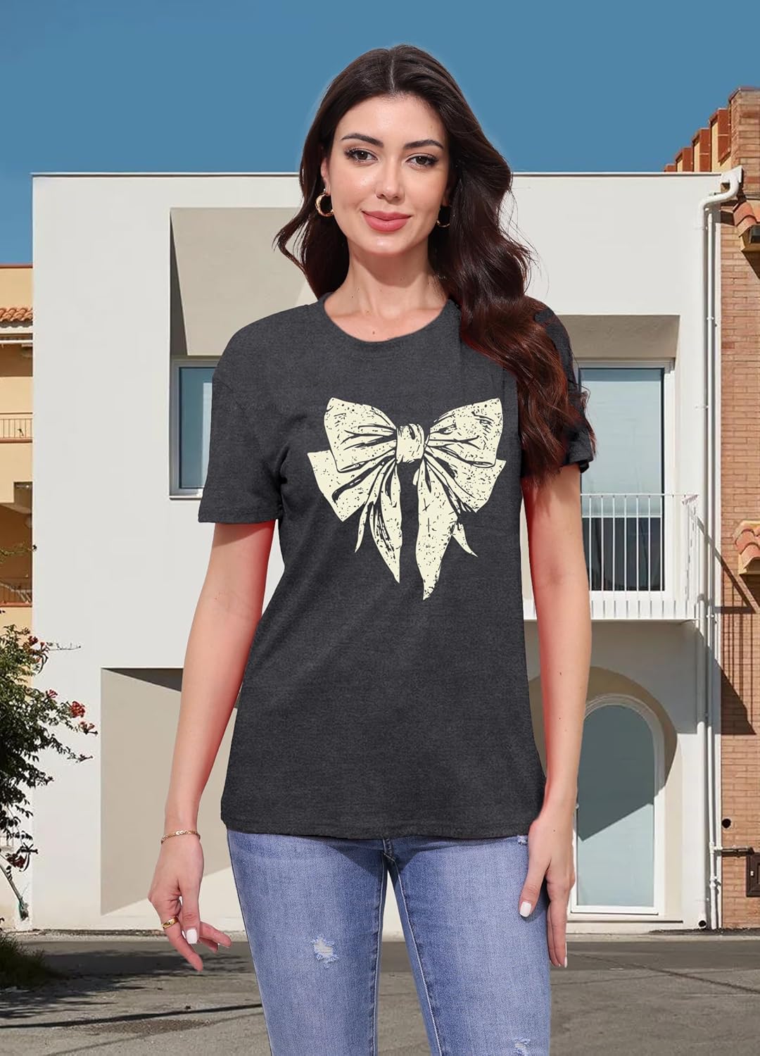 Bow Shirts for Women Cute Pink Bowknot Ribbon Print Tee Tops Bow Girly Aesthetic T-Shirts - Image 2