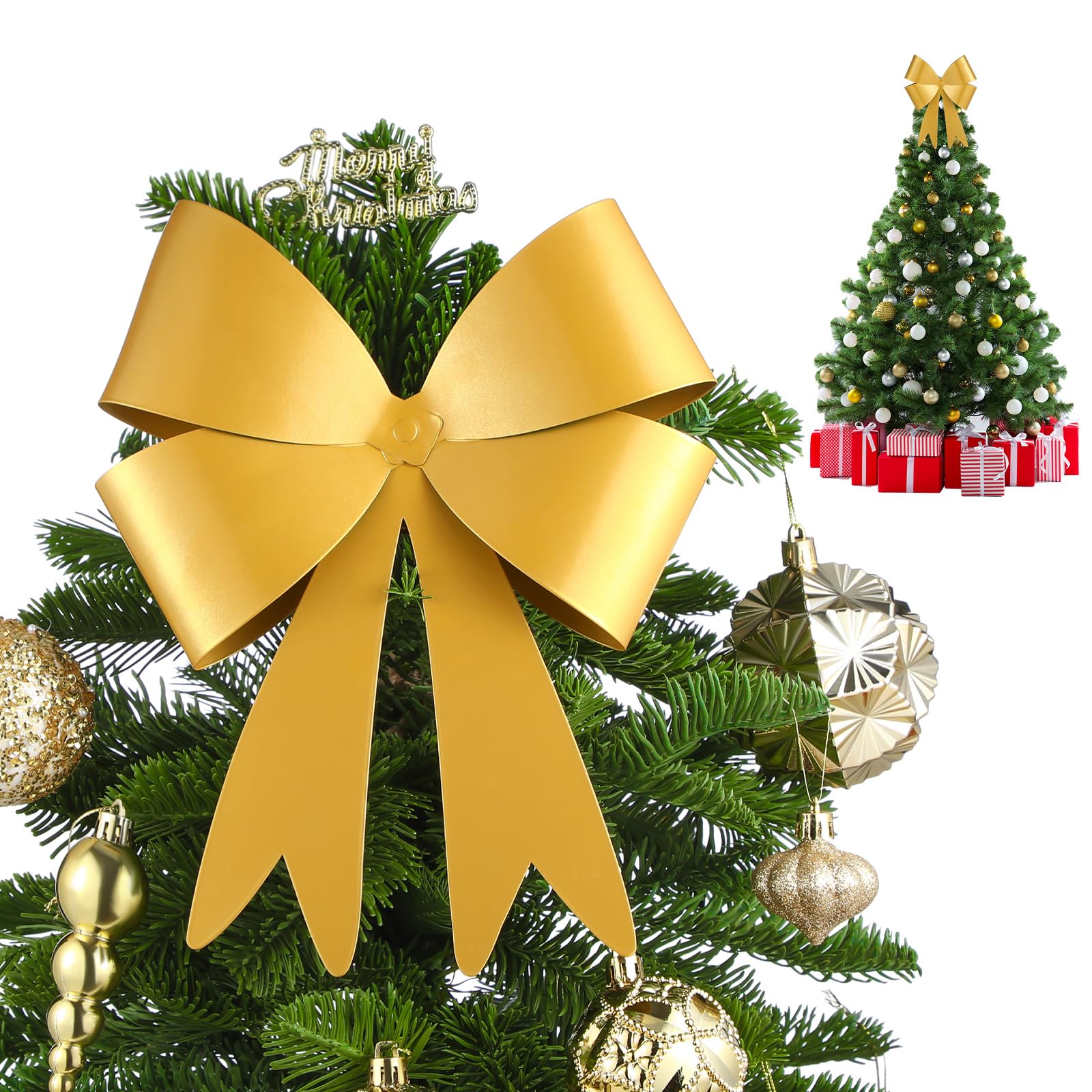 1 Pcs Large Christmas Metal Bow Tree Topper Ornaments with Clip Christmas Bow Decoration for Xmas Tree Topper Garland Wreath Indoor Outdoor Decor, 10 x 12''(Retro,Gold)