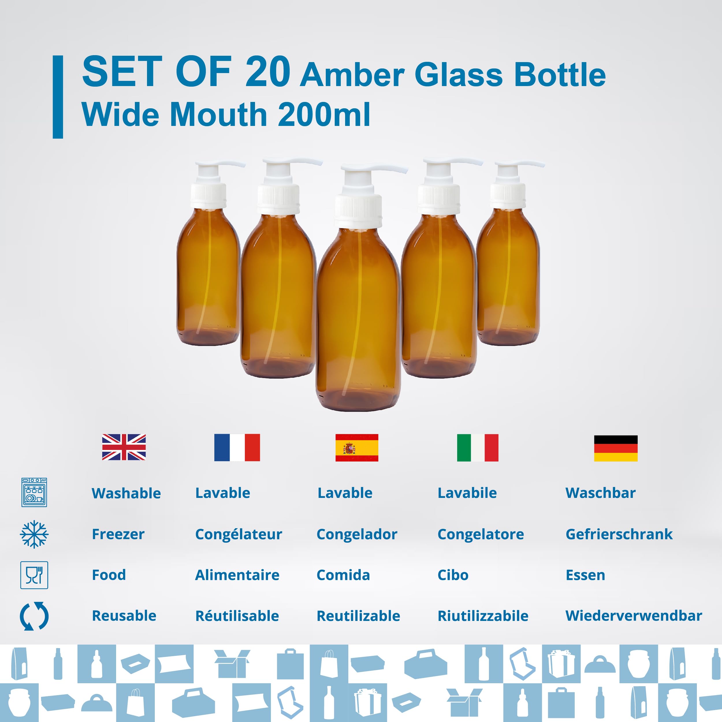 Espirito Rebelde 20x Botella de cristal ámbar de 200 ml con tapa de bomba dosificadora - Botella para aceites esenciales, cosméticos, productos para el baño, dispensador de jabón - Skincare
