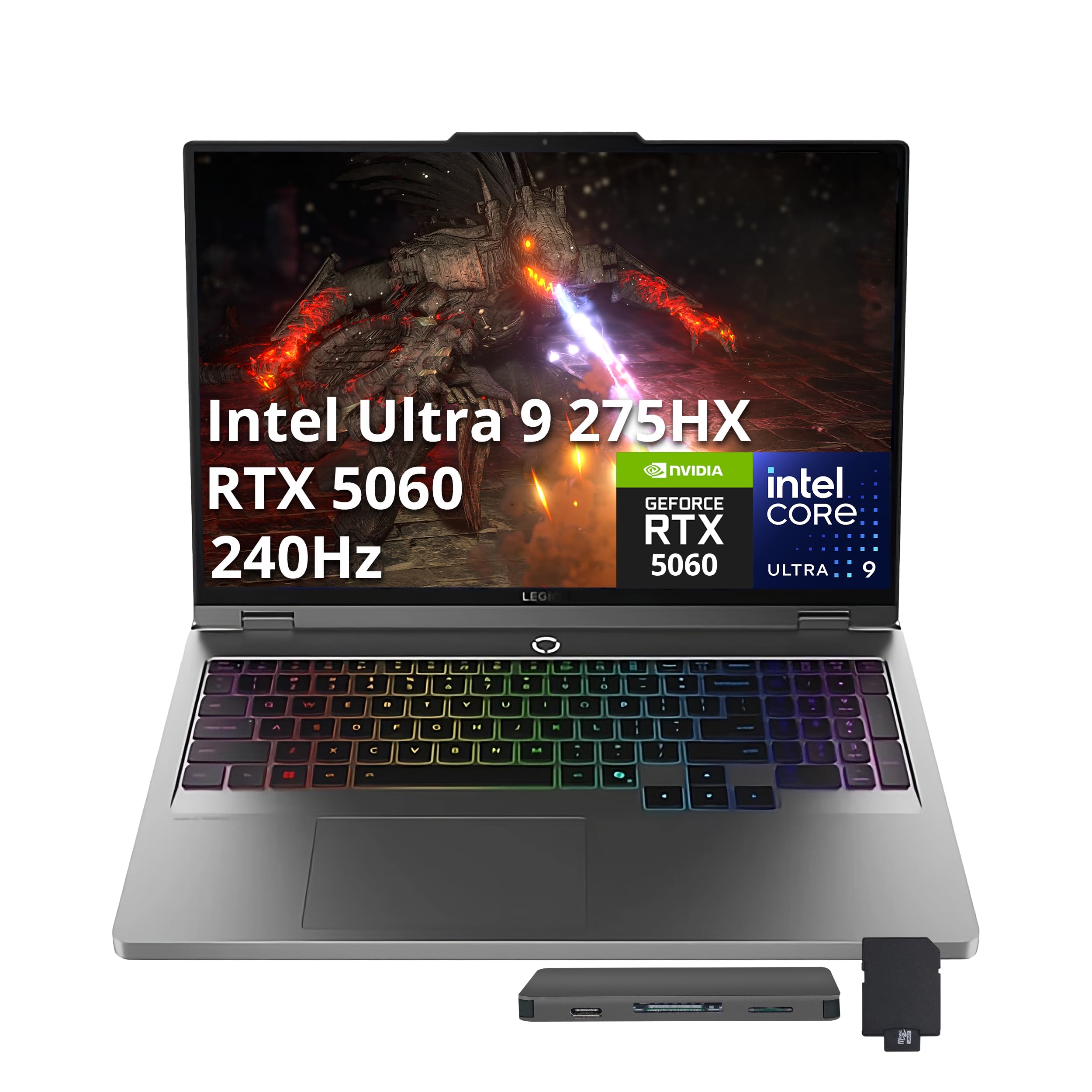 Lenovo Legion 5 16" WQXGA 240Hz Gaming Laptop, Intel Ultra 9 275HX, NVIDIA GeForce RTX 5060 8GB GDDR7, 64GB DDR5, 4TB SSD, 24-Zone RGB Backlit Keyboard, Win 11 Pro, Gray, 512GB Docking Station Set