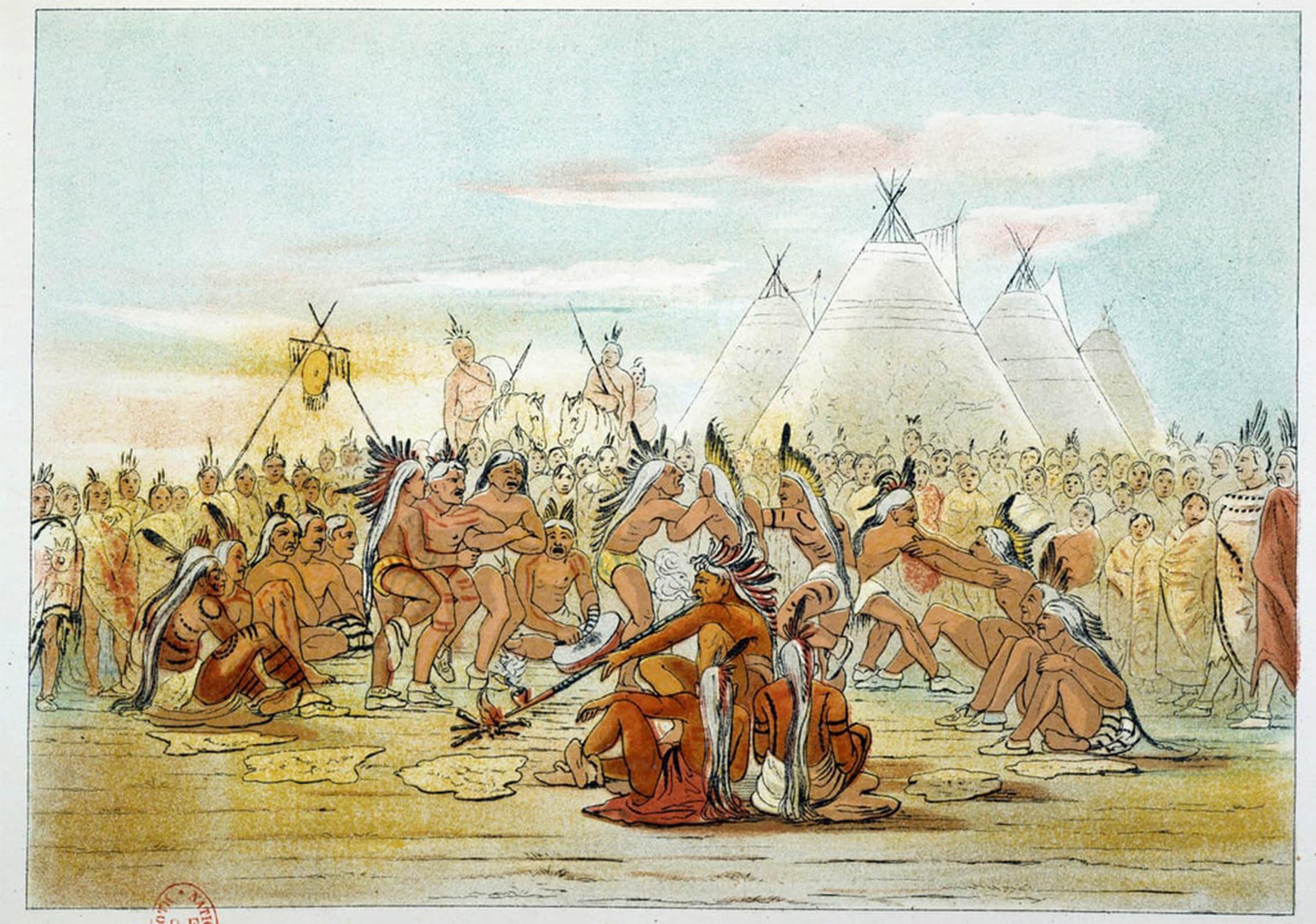 POSTERIIk Vintage Classic Picture Landscape Artwork Assiniboin Tribe Resembling Sioux Dancing Pipe Dance by George Catlin Portrait Canvas Painting for Office Home Decor 60x90cm