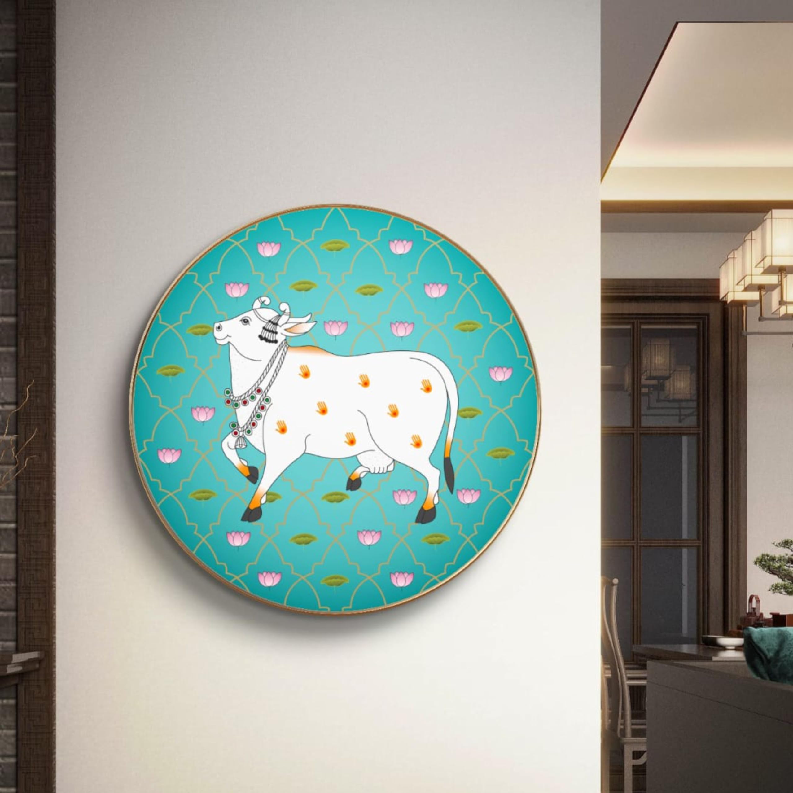 Livin'luxe paintings Beautiful Cow Pichwai Premium Sparkle lamination Golden Slim Frame 58 cm x 58 cm Large Size, For Home/Office/Hotel painting GR-14