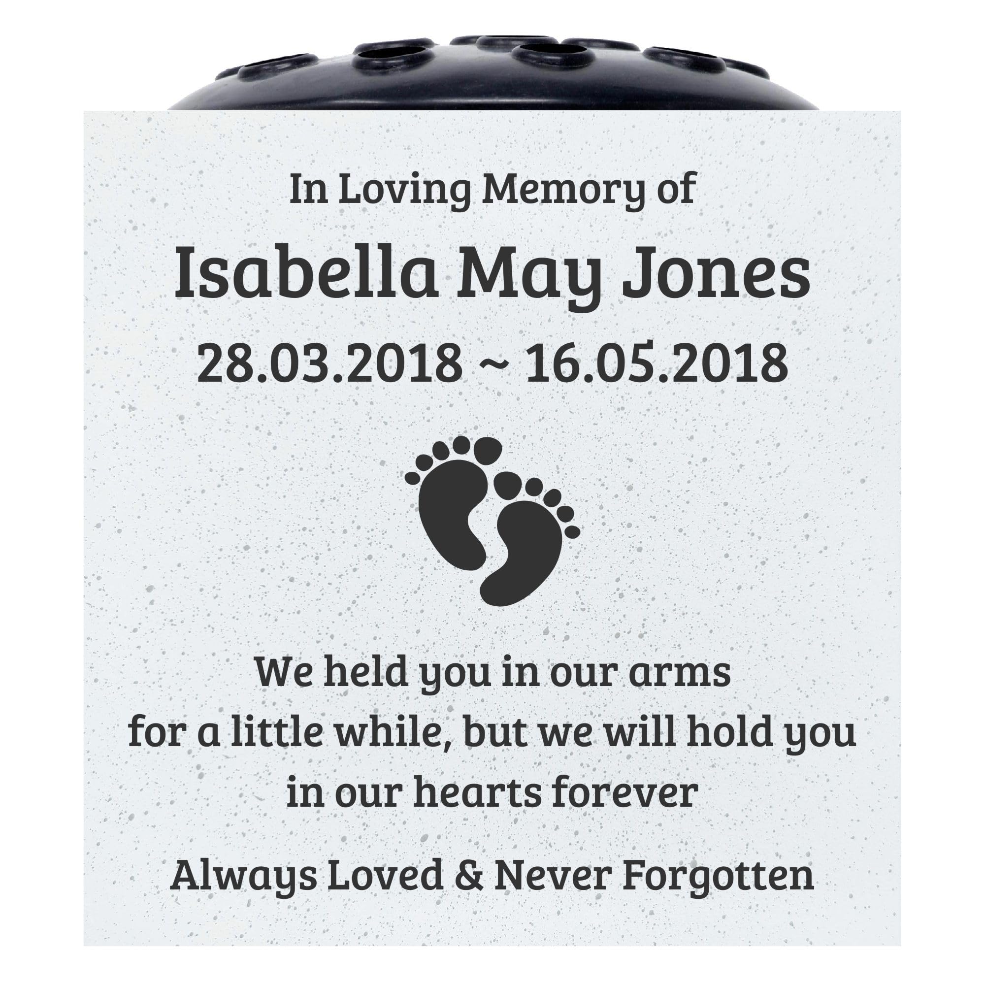 Personalised Baby Memorial Grave Vase with Footprints – Custom Cemetery Flower Pot, Graveside Plaque Marker, Remembrance Rose Bowl for Infant Loss Tribute