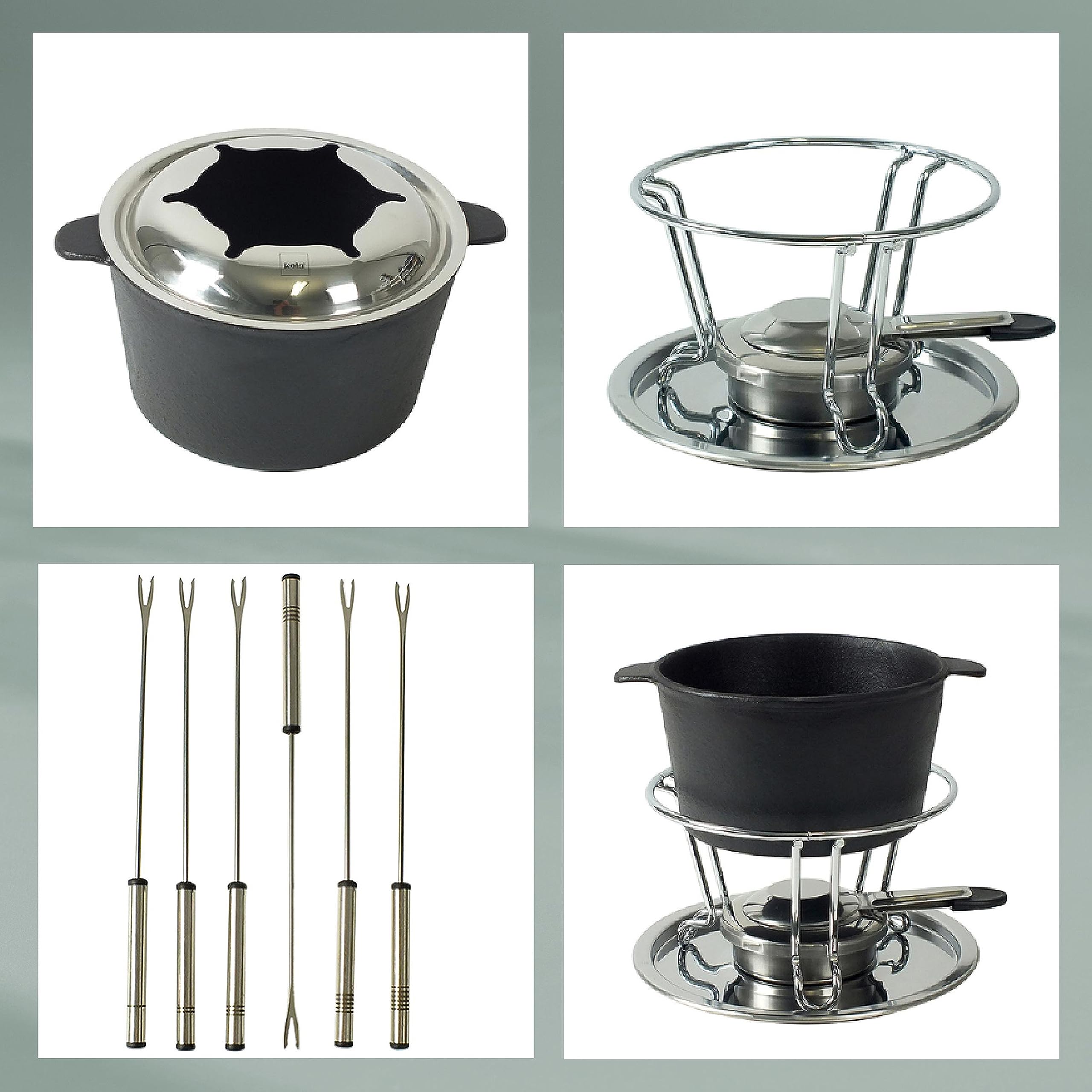 kela Fleischfondue Set 11tlg, Gusseisen Fondue für 6 Personen COMORE, Fondueset mit Brennpastenhalter, Gabeln, Gabelhalter