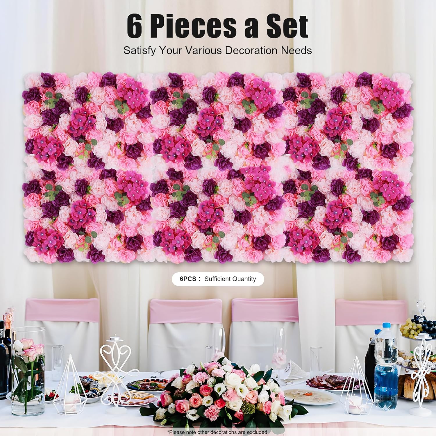 6-Piece Artificial Flower Wall Panel Set, Flower Wall Backdrop, Realistic DIY Privacy Screen for Indoor Outdoor Wedding Backdrop, Party Decor, Home Garden Decoration, Hot Pink Flower Backdrop