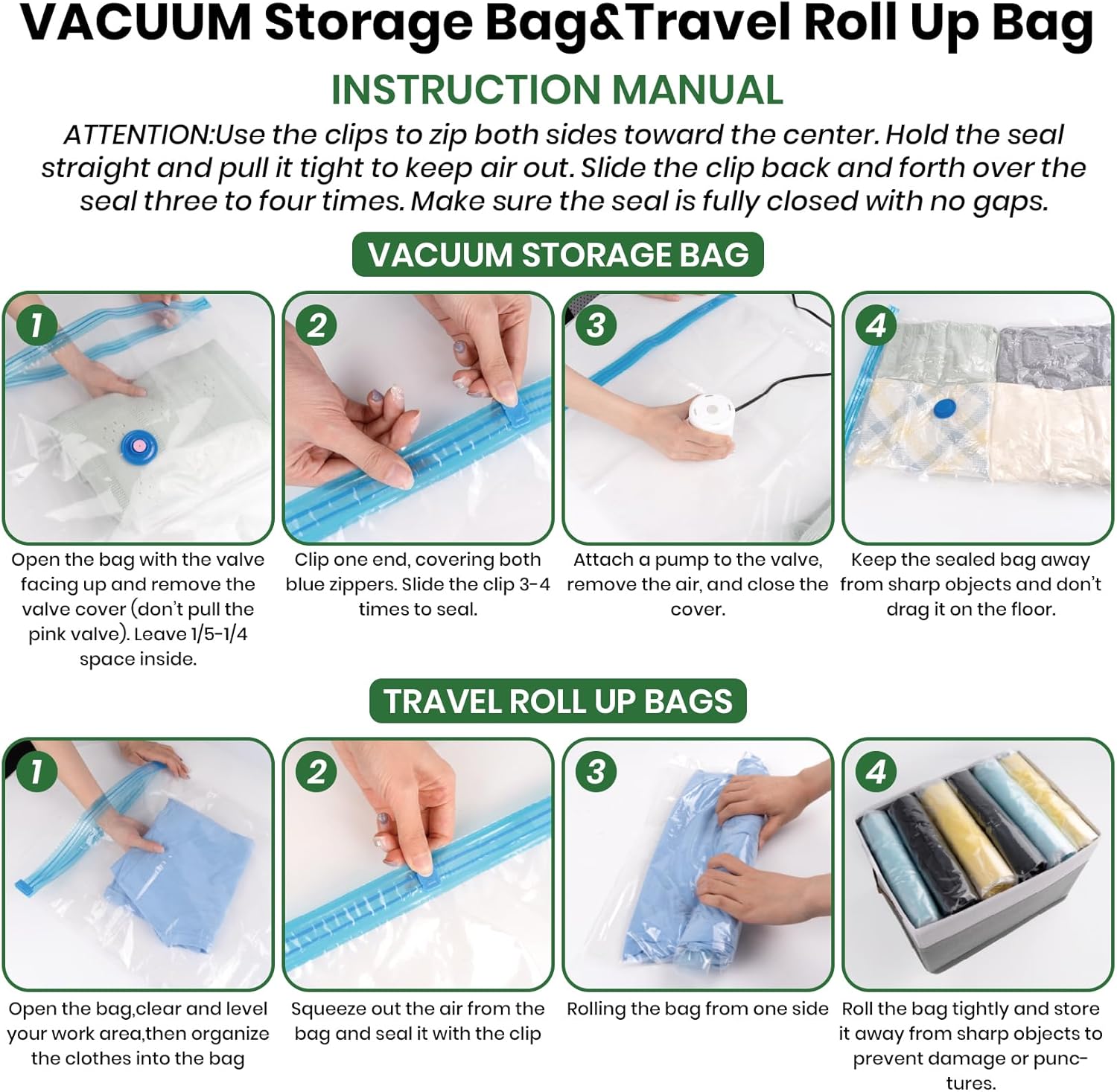 Vacuum Storage Bags,20Pack Vacuum Seal Bags with Electric Air Pump,Vacuumm Seal Bag for Clothing,Travel,Clothes,Comforters,Blankets,Pillows-4 Jumbo+4 Large+4 Medium+4 Small+4 Roll Up Space Saving Bag - Image 8