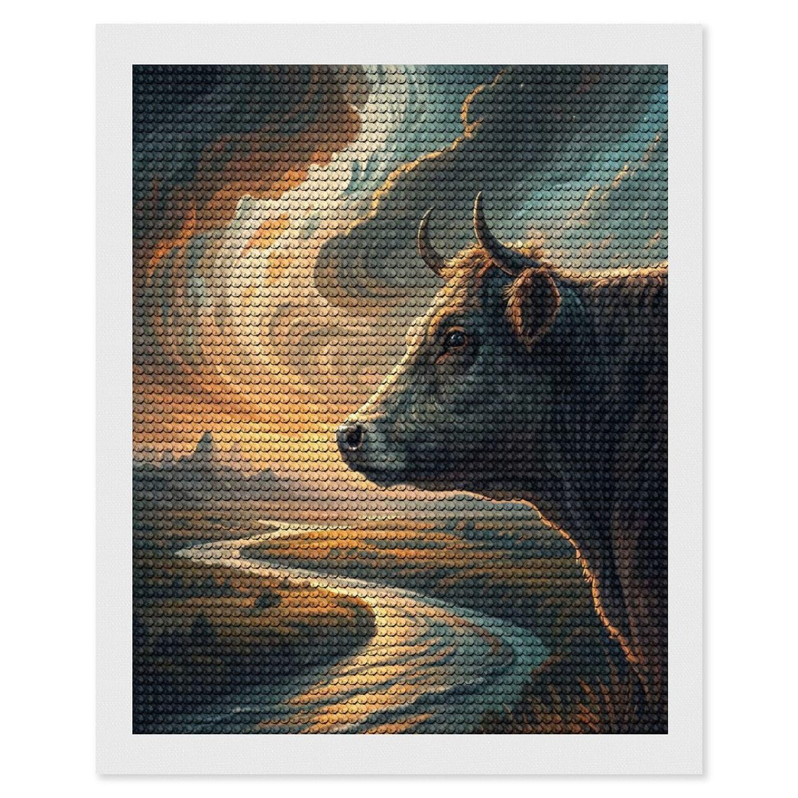 Junmoney Majestic Cow Overlooking A Winding River Diamond Painting Canvas Set 16"x20", Easy to Enjoy, Adhesive Canvas, Office Decor, Holiday Gift Idea, with Tool Kit